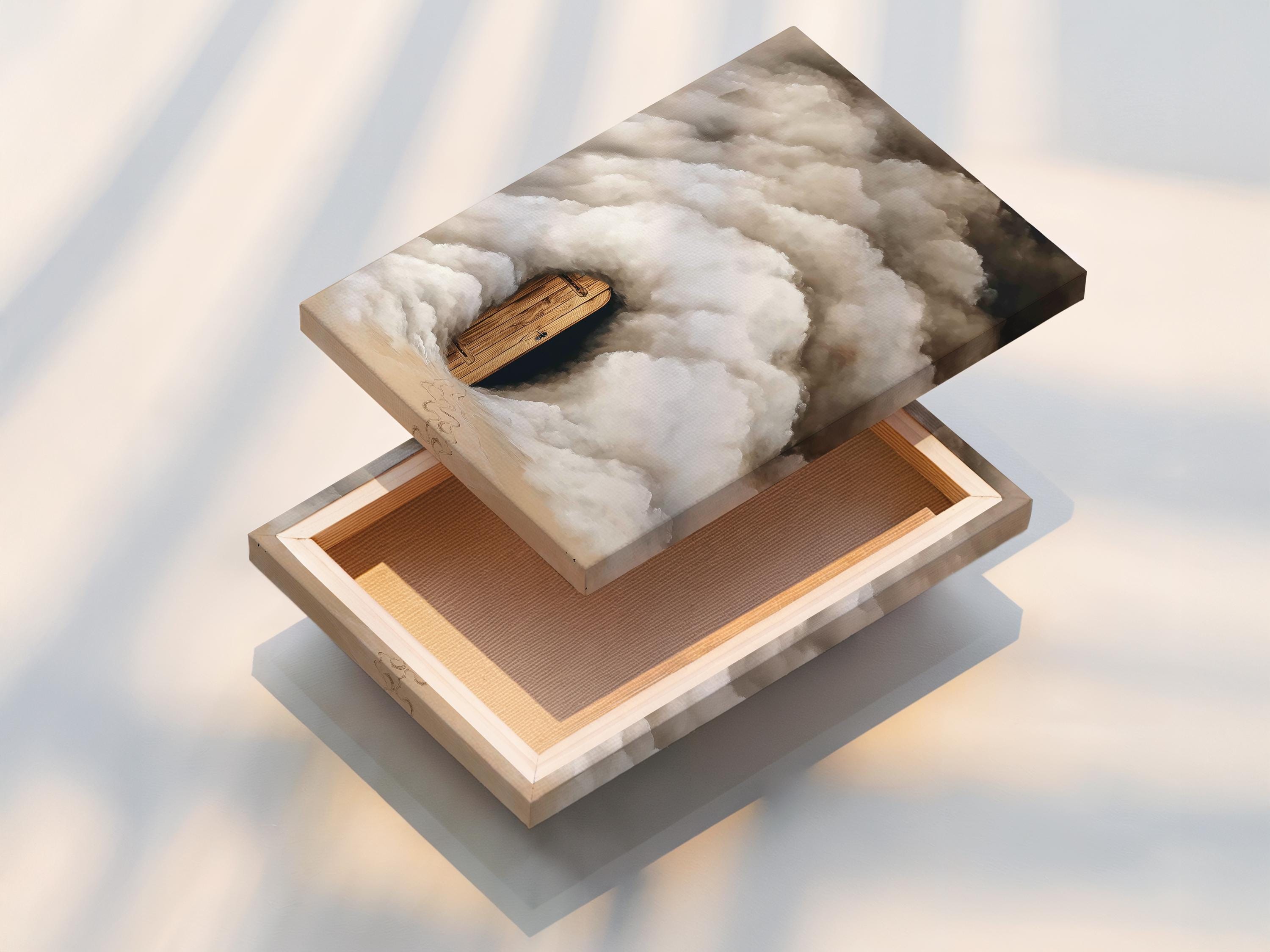 A wooden door emerges from soft grey and white clouds with warm beige ground beneath detail view