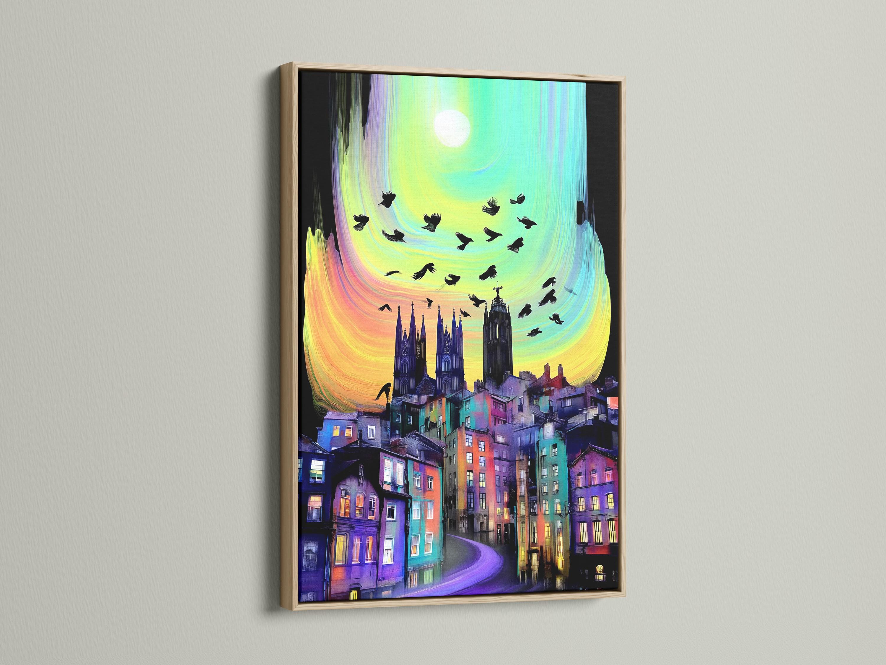 A colourful cityscape with gothic buildings sits beneath a bright stylised moon, while dark birds fly across a swirling sky detail view