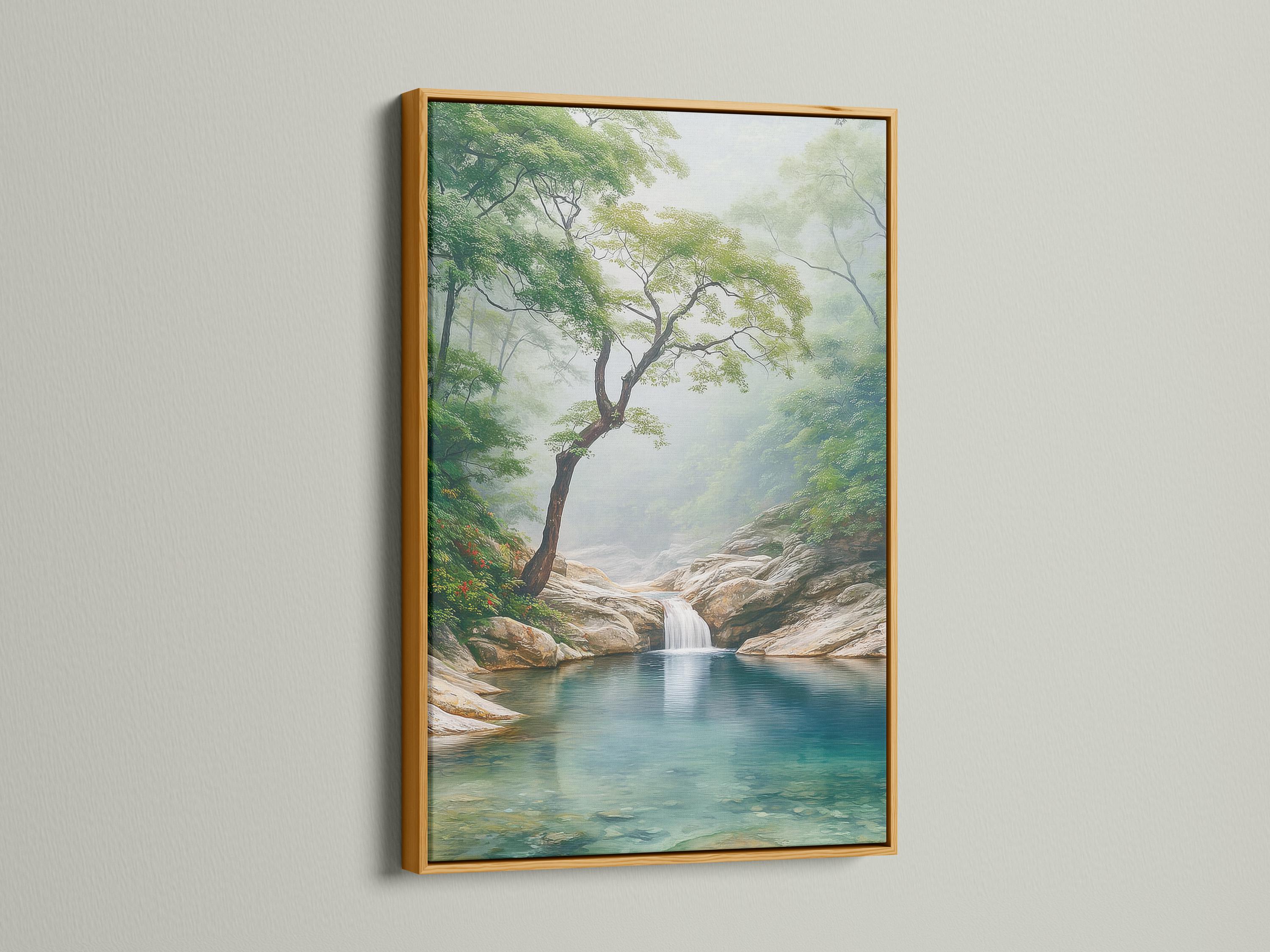 Misty forest waterfall scene with a leaning tree and a calm blue-green pool detail view