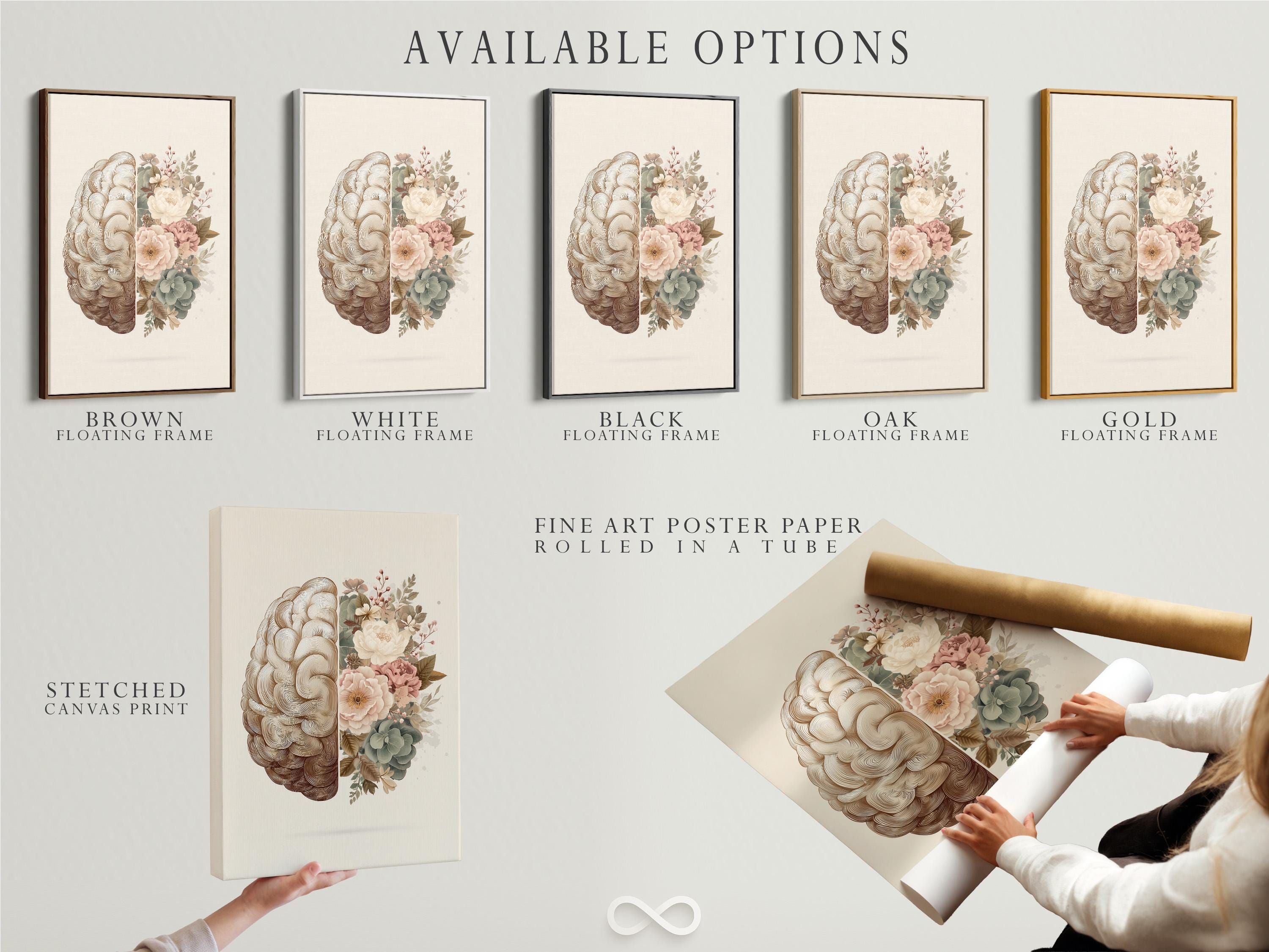 Person reading beside a framed split brain and floral artwork on a floor in a softly lit room