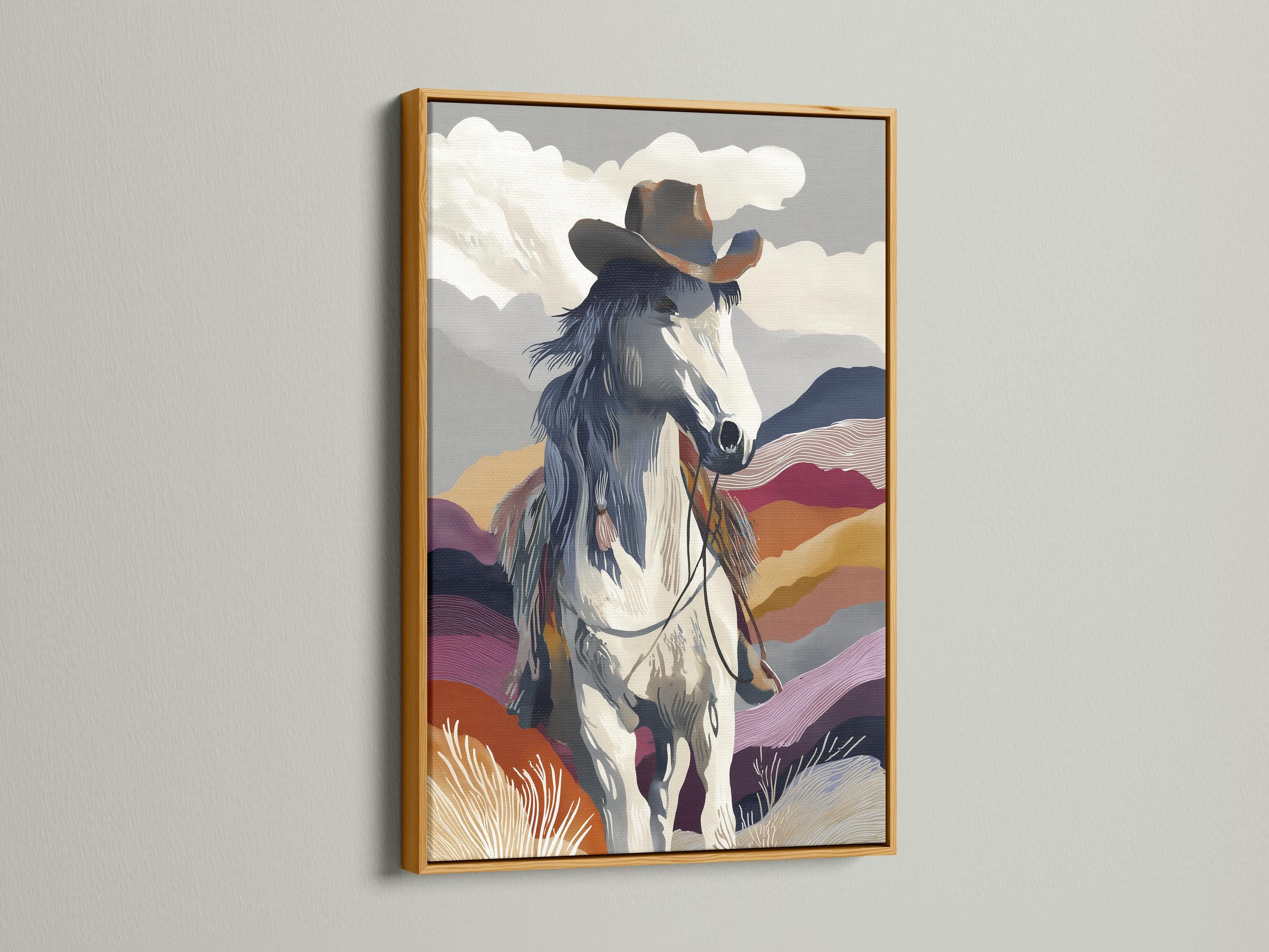 A stylised rearing horse over layered western hills and cloud shapes detail view