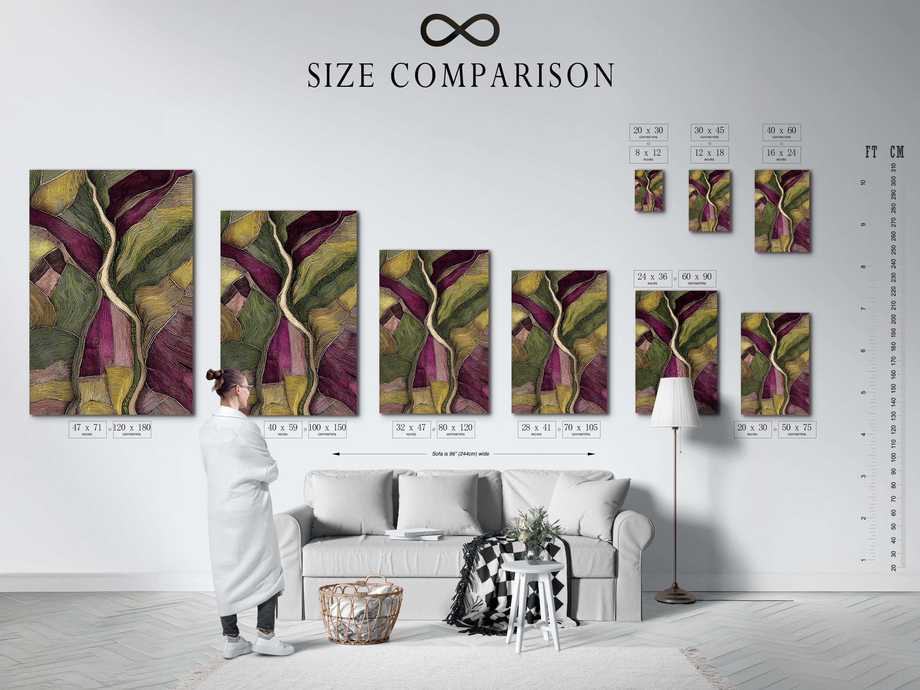 Room mockup with a framed abstract landscape artwork in green and plum tones
