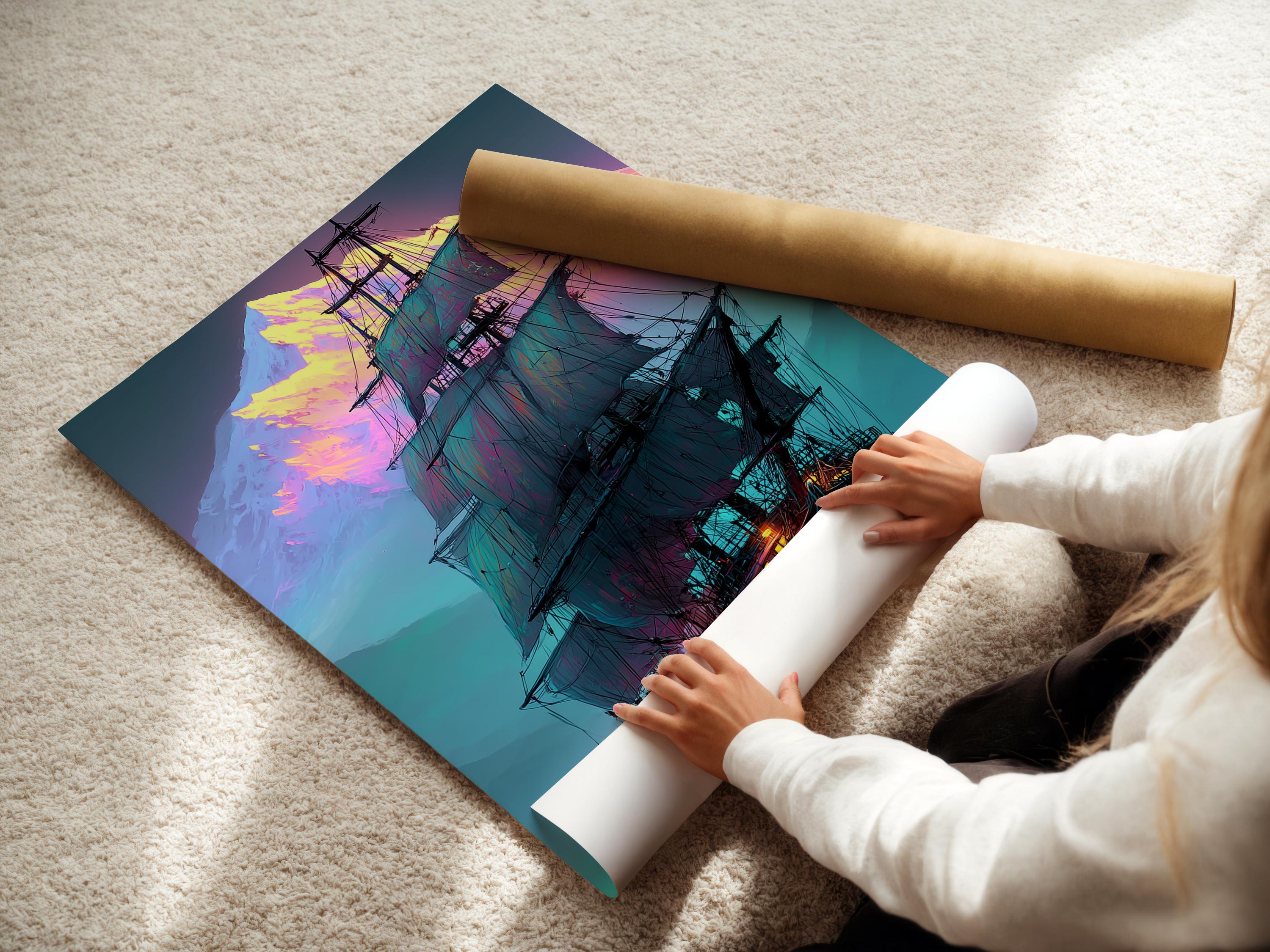 Neon-coloured sailing ship with teal ocean waves and glowing purple mountains detail view
