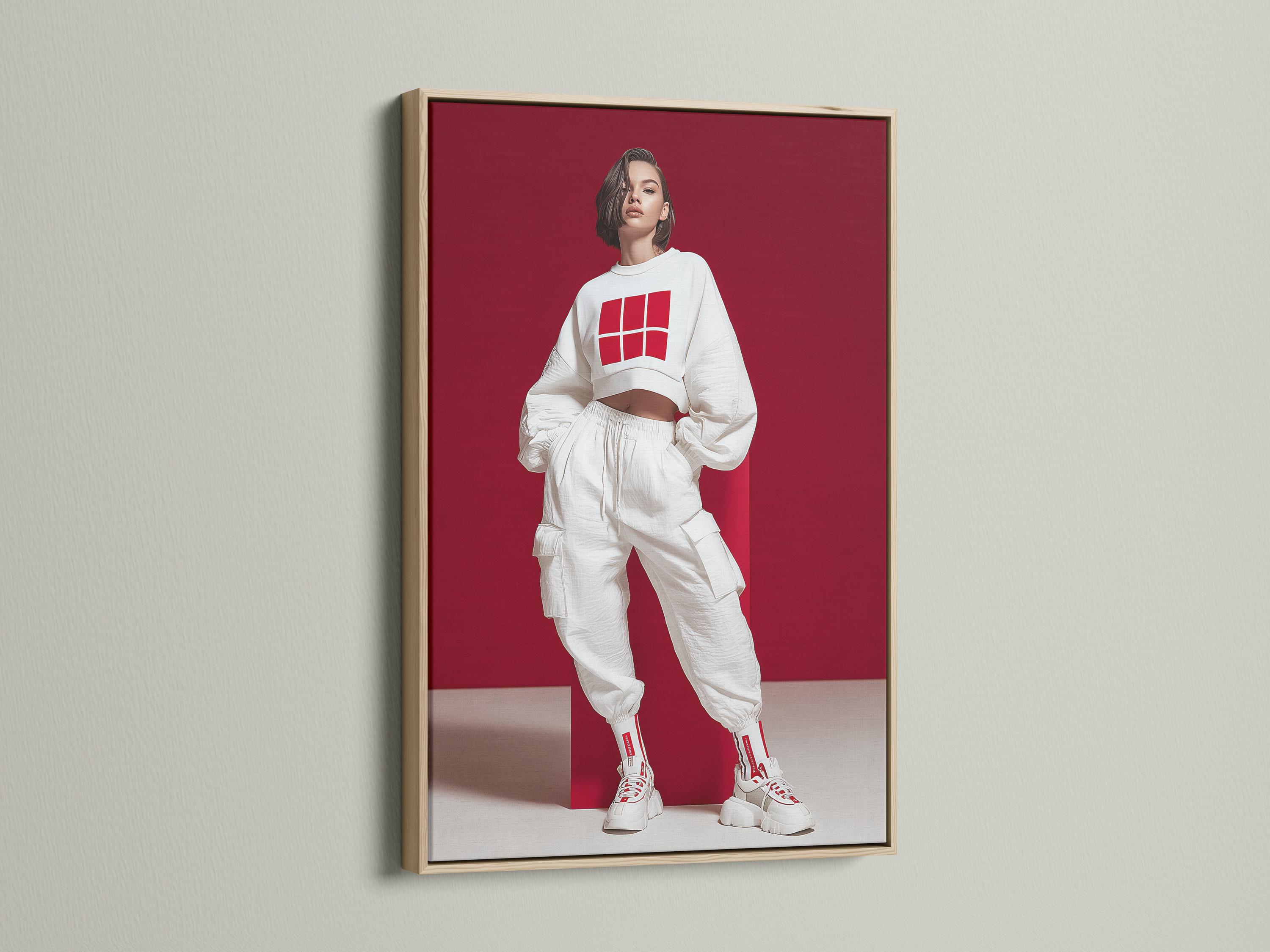Stylised fashion portrait of a woman in white streetwear with a grid logo on a deep red background detail view