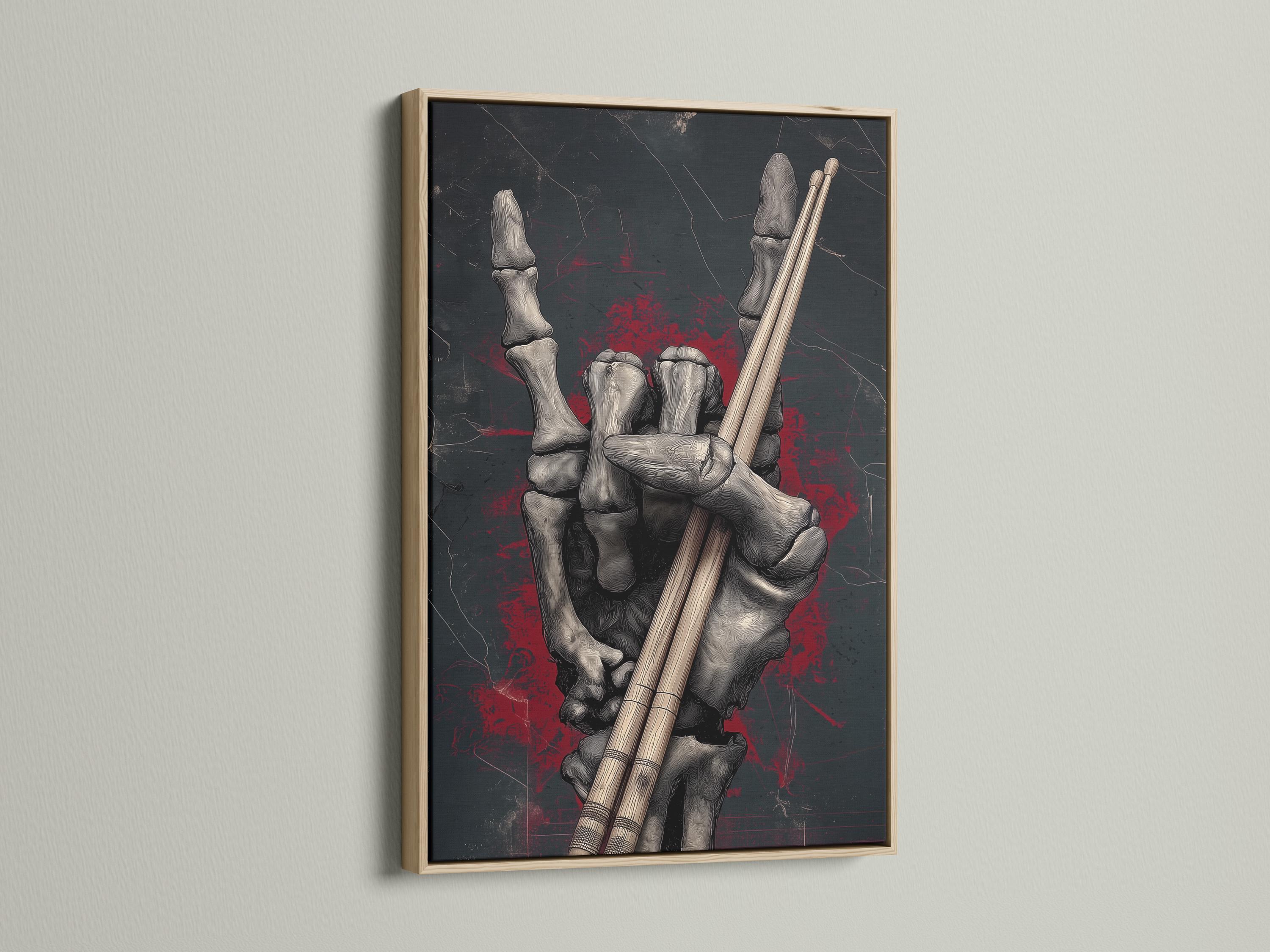 Gothic skeleton hands holding drumsticks on a dark charcoal background with red splatter detail view
