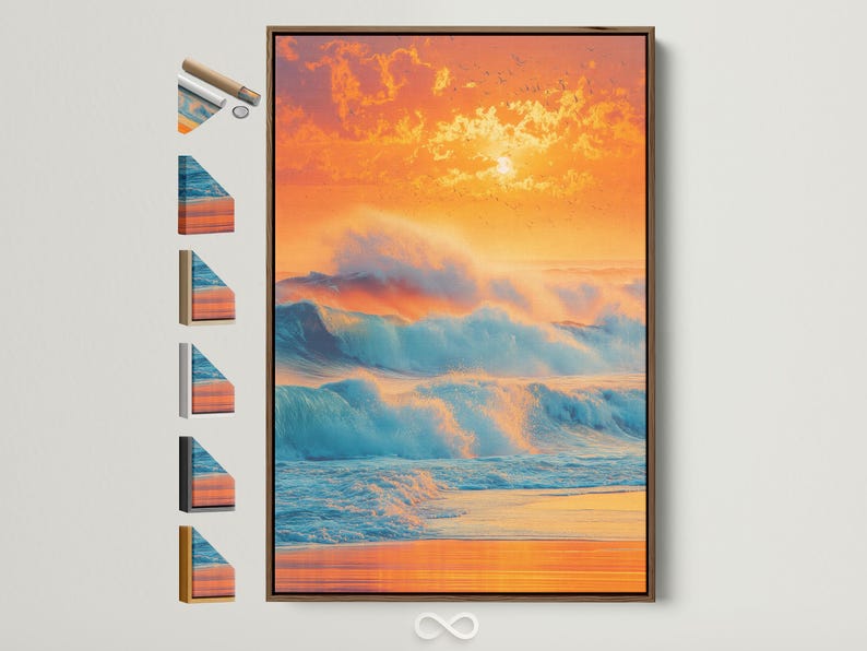 Sunset seascape with teal ocean waves, orange and gold sky, sun glow, and bird silhouettes