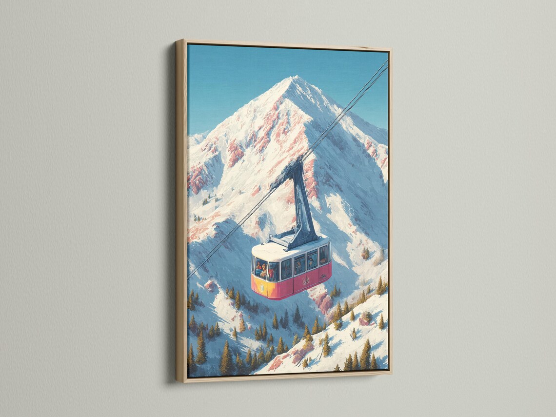 Illustrated alpine mountain scene with a cable car over snowy slopes and a tall peak detail view