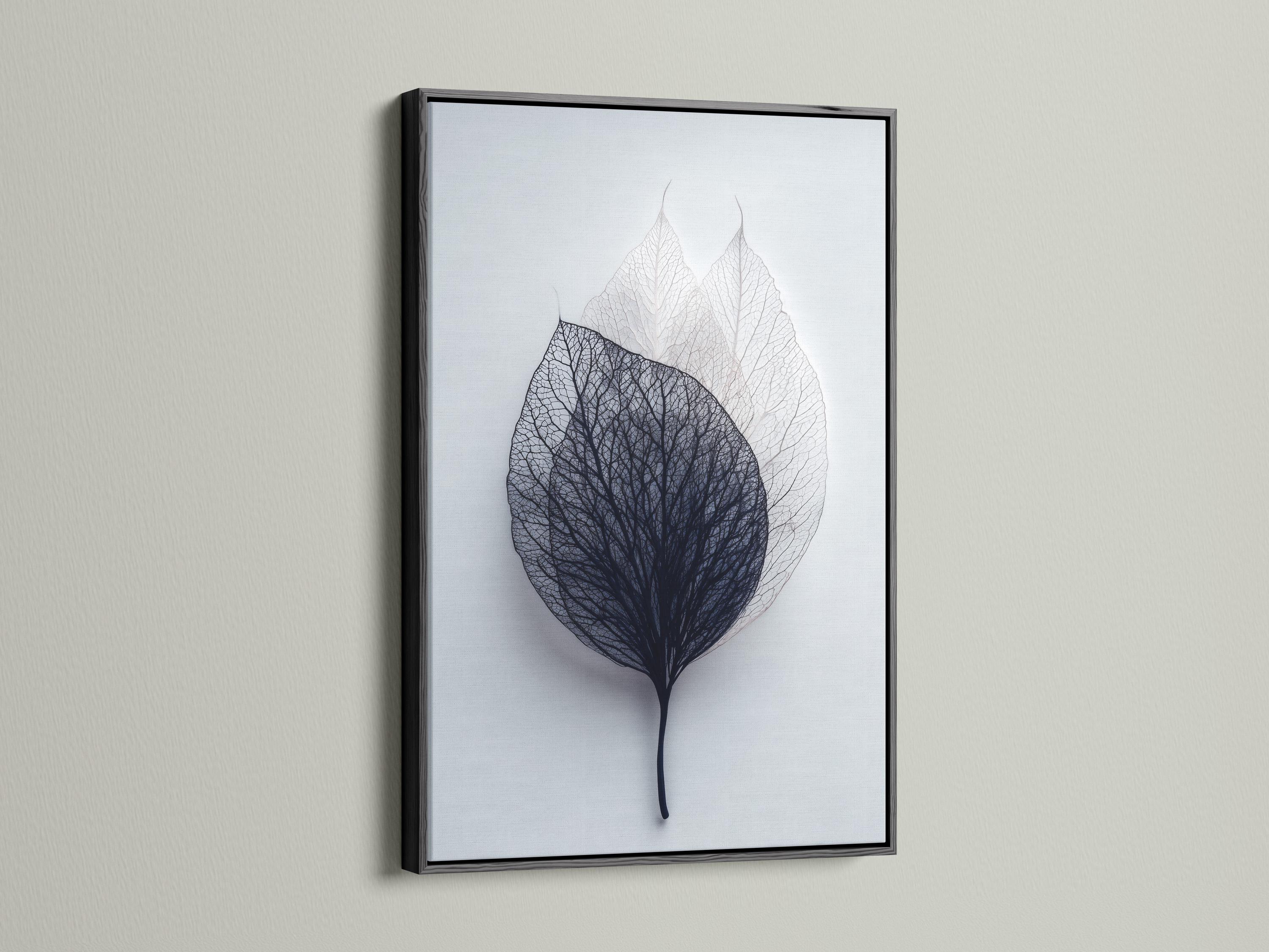 Skeletonised leaf illustration with fine vein linework in charcoal and grey on a pale blue-grey background detail view