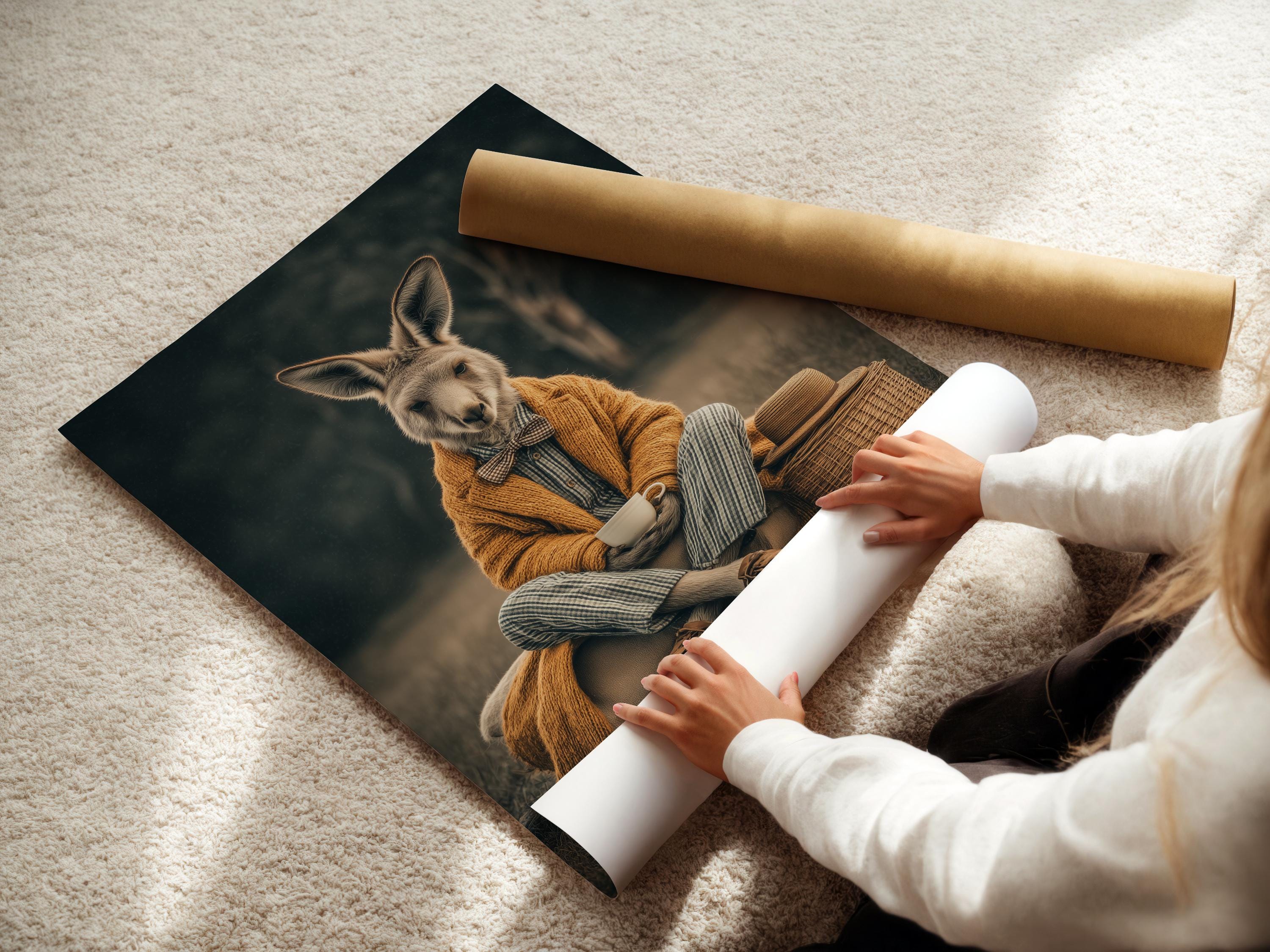 Framed kangaroo gentleman portrait artwork mockup on a light background with frame options