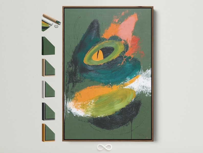 Abstract cat face artwork with green background, teal swirls and orange highlight