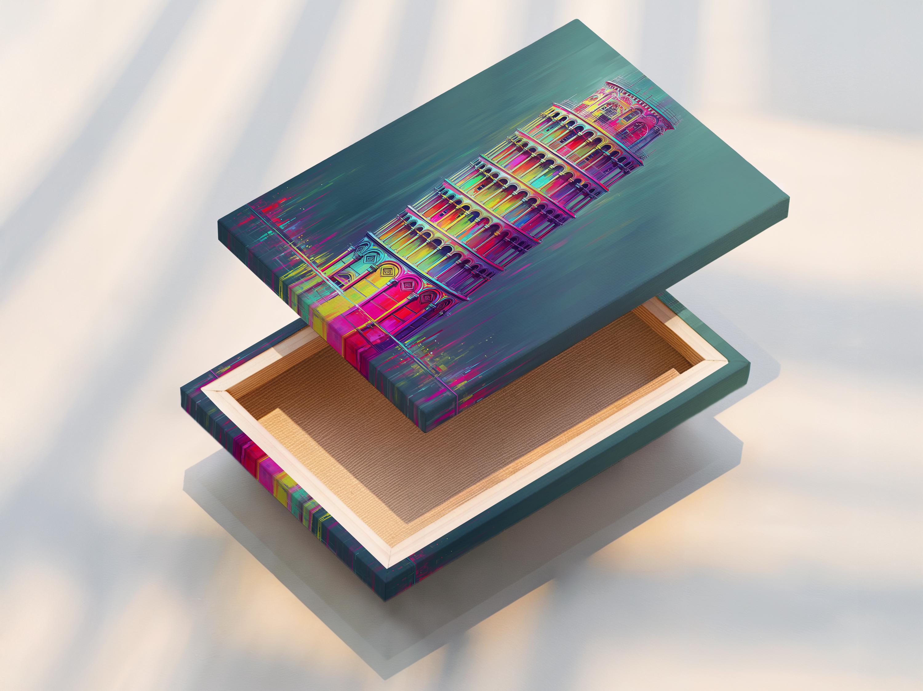 Mockup showing a framed neon rainbow Leaning Tower of Pisa illustration on a wall