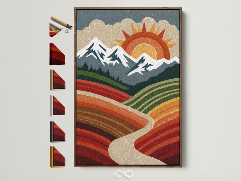 A stylised mountain landscape sits beneath a large retro sun, with layered fields of striped colour and jagged ridge lines
