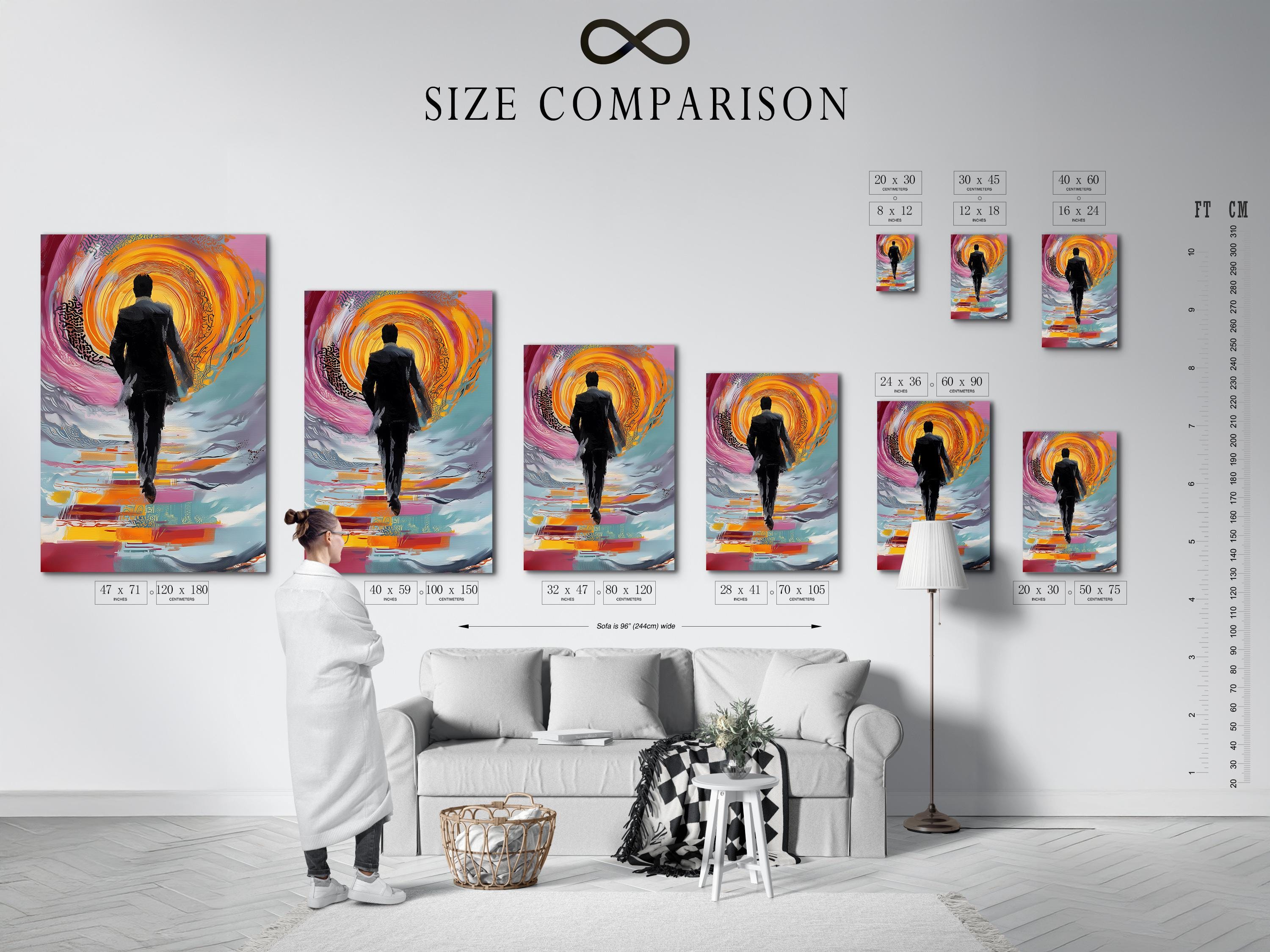 Person seated in a living room with a framed abstract man silhouette artwork on the wall