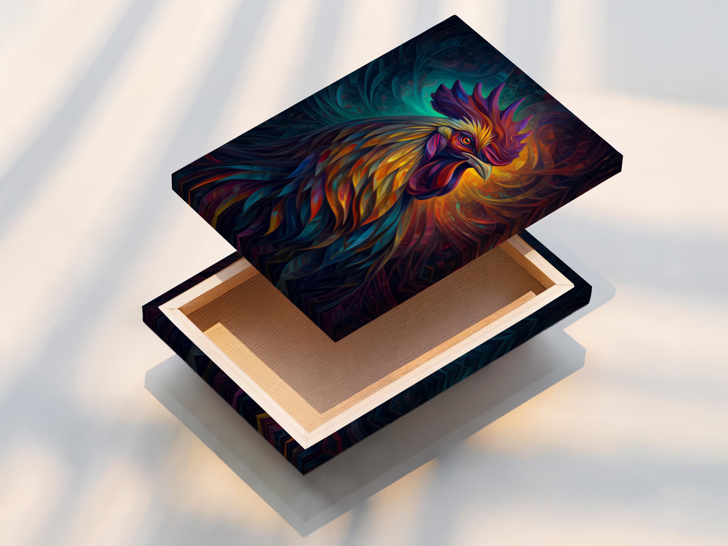 Room mockup showing framed rooster artwork in vivid teal, orange, purple and yellow