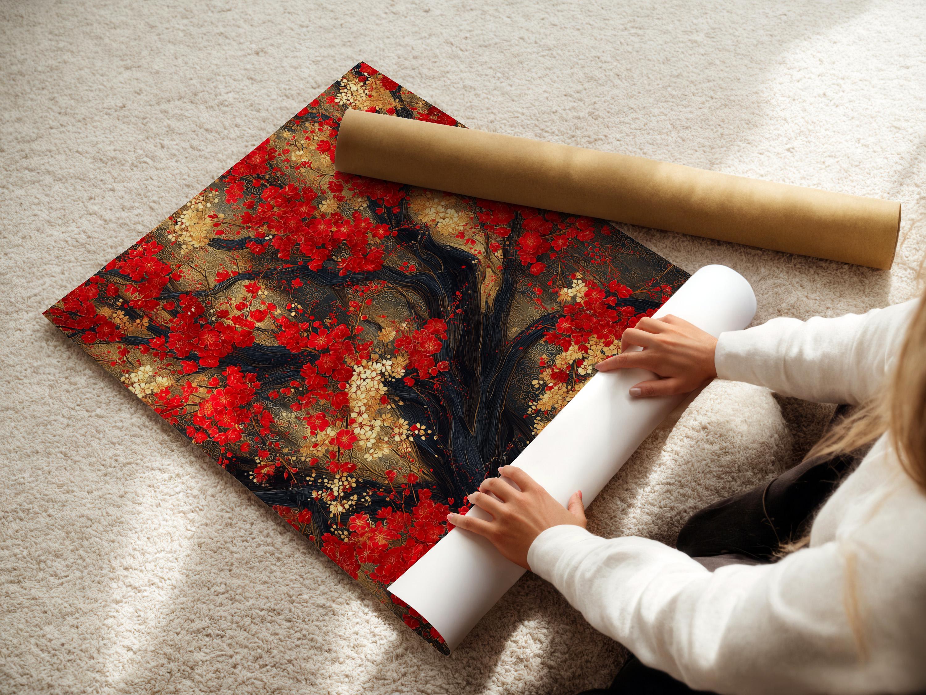 Red blossom tree artwork with dark branches and clusters of red, cream and gold flowers detail view