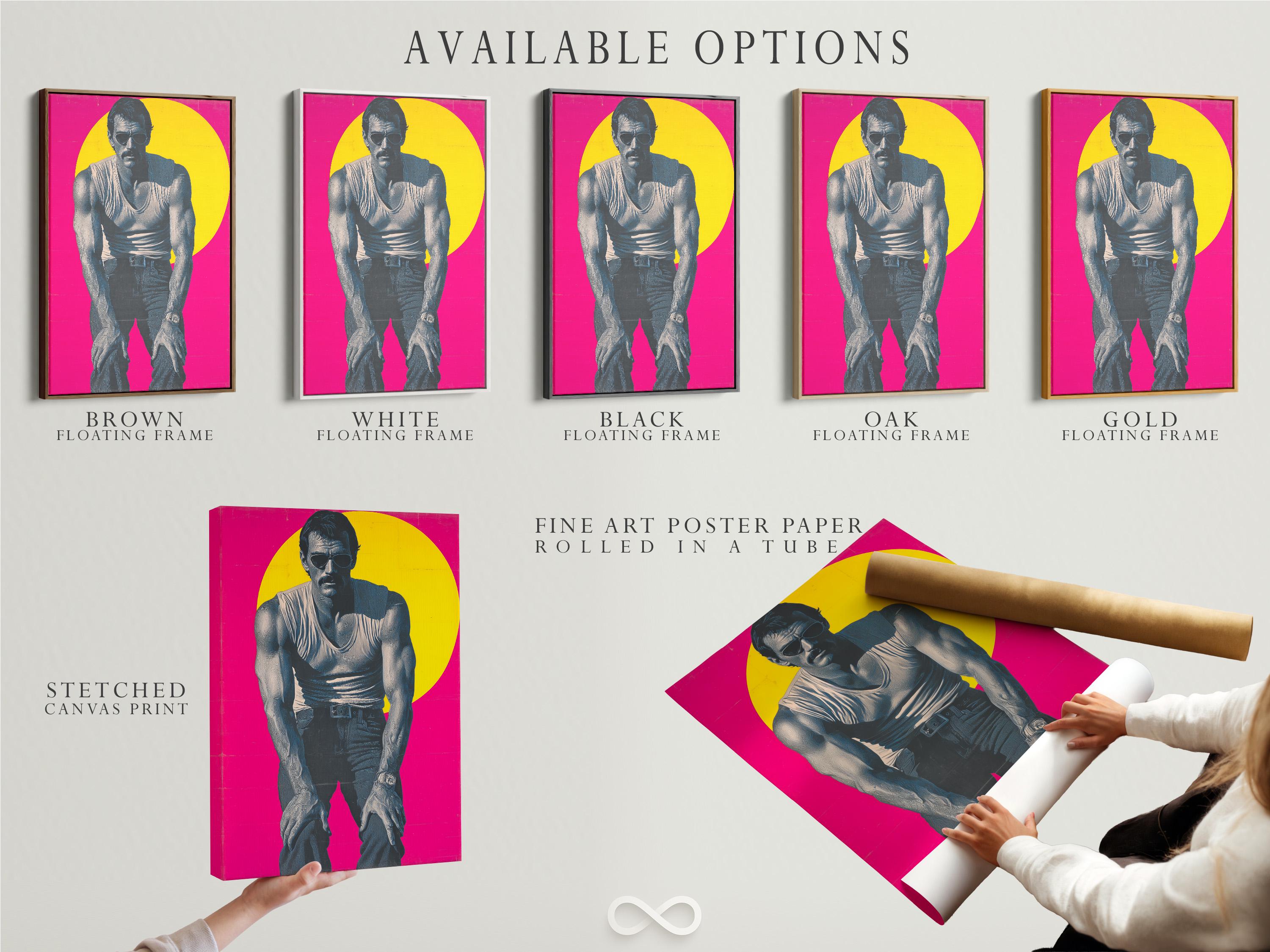 Retro pop art portrait of a man with sunglasses and tattoos on a hot pink background detail view