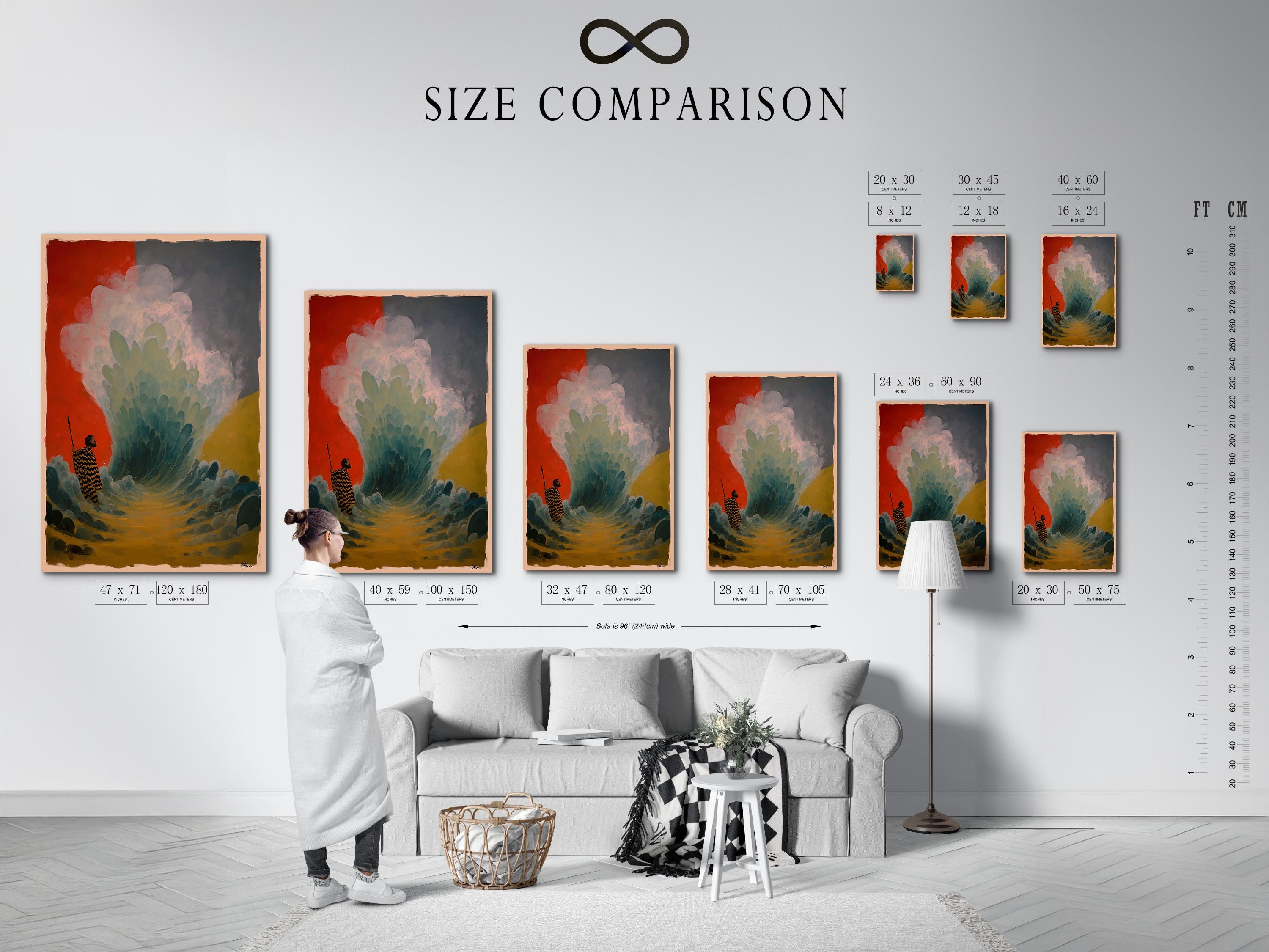 Room mockup with a portrait framed artwork featuring a patterned figure holding a staff in teal and terracotta tones