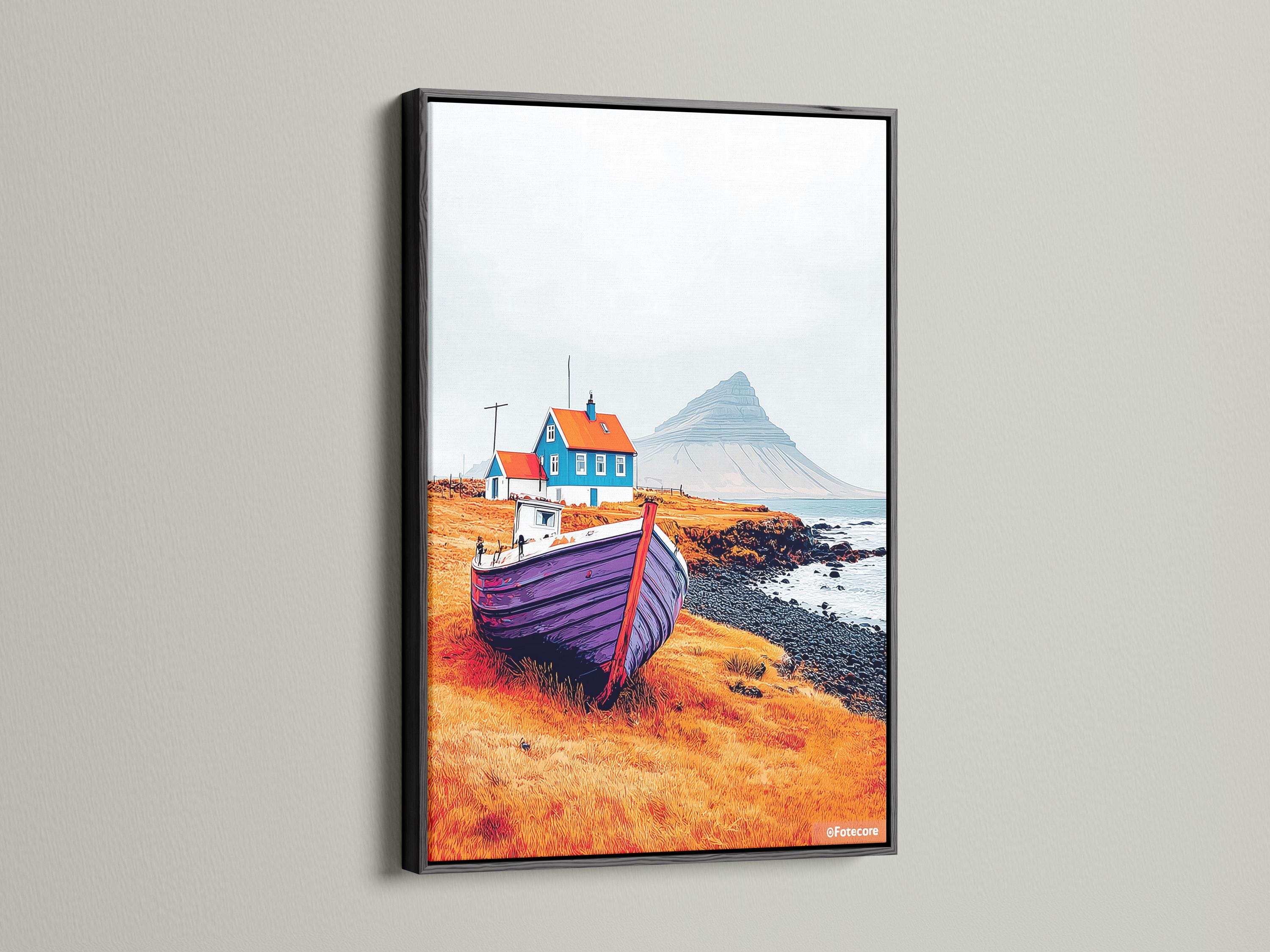 Stylised coastal landscape with a purple boat, blue house, rocky shoreline, waves and distant mountain detail view