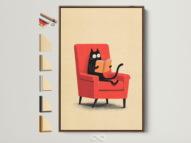 Illustrated black cat reading an orange book while seated in a red armchair