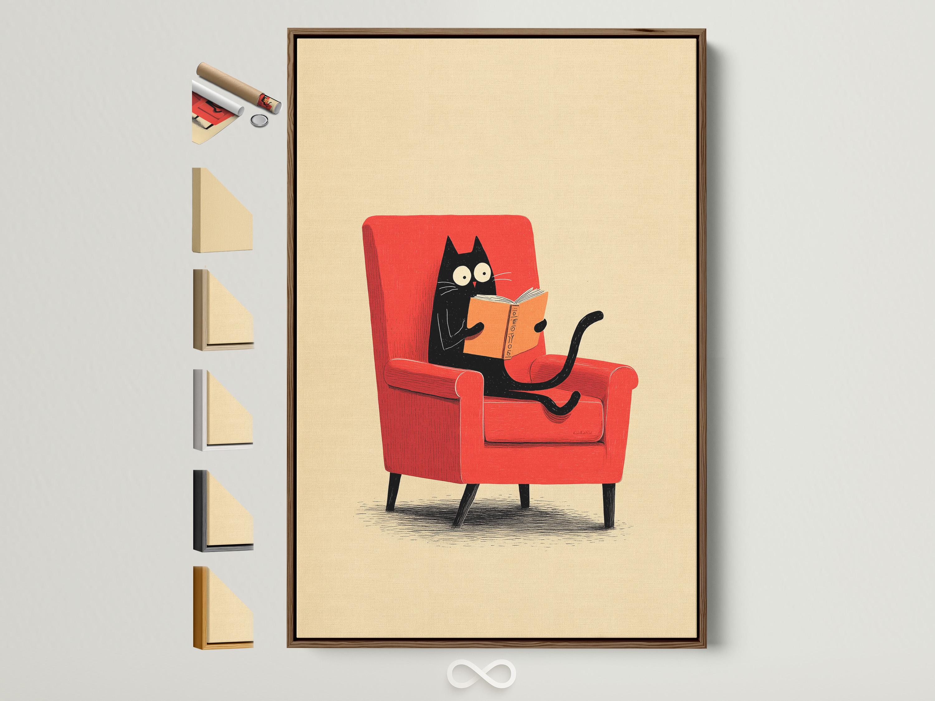 Illustrated black cat reading an orange book while seated in a red armchair