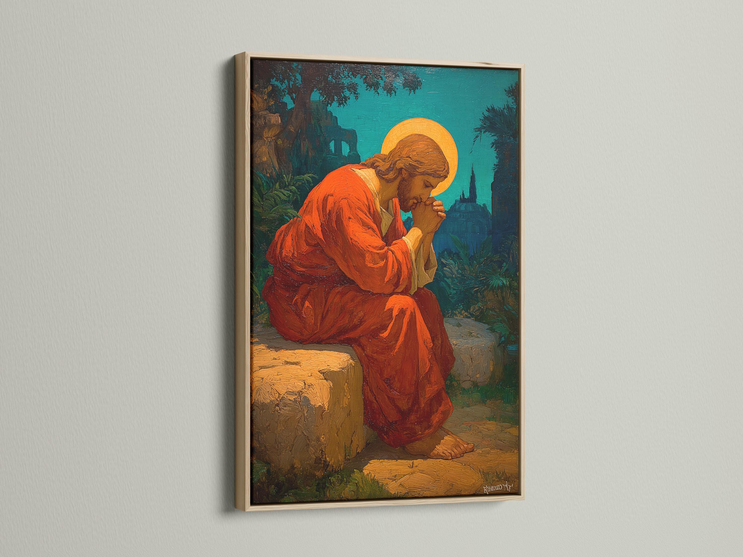 Praying figure with an orange halo, robed in red, against a teal landscape background detail view