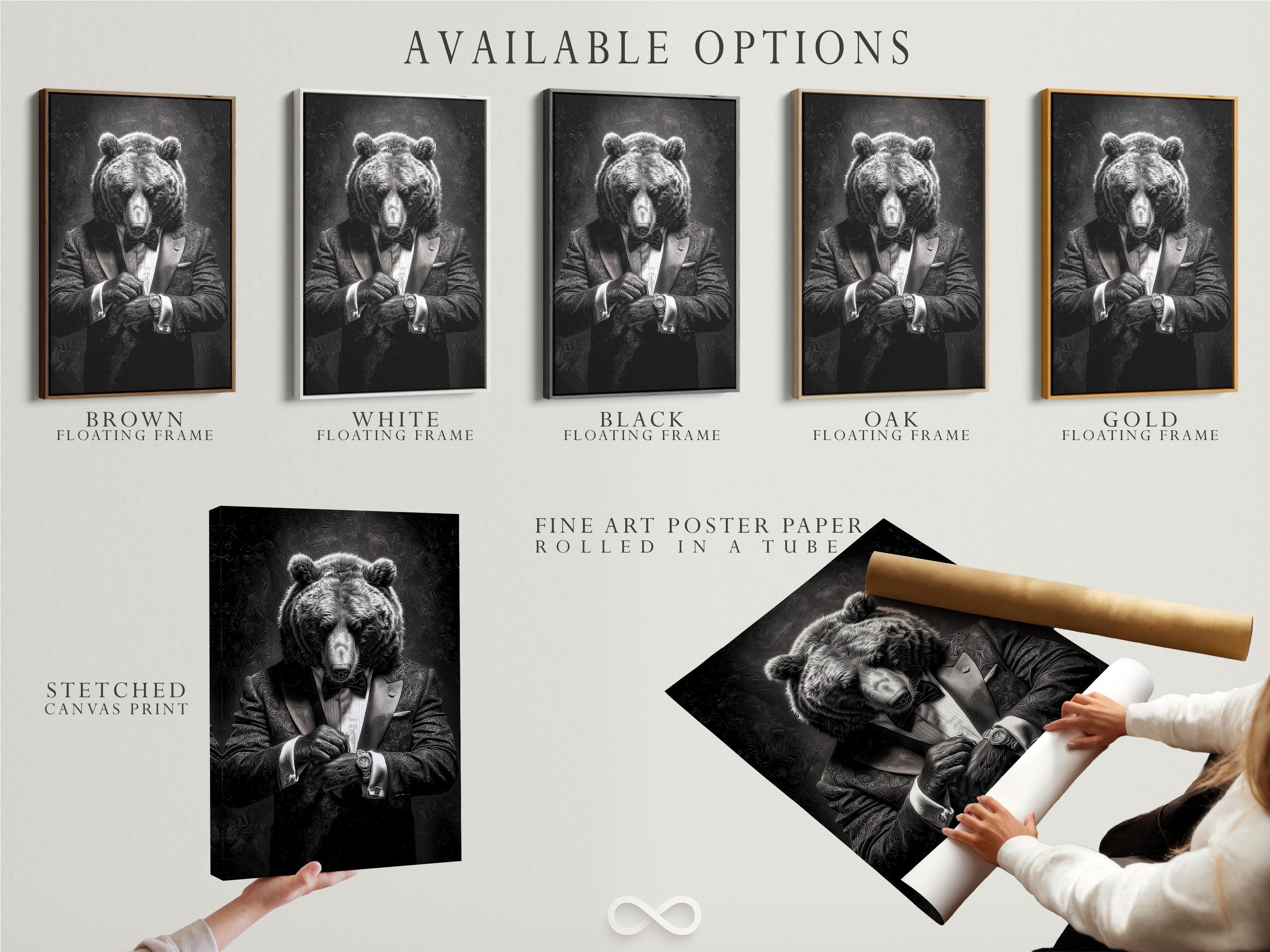 Bear portrait artwork shown in framed mockups with black, white and gold variations
