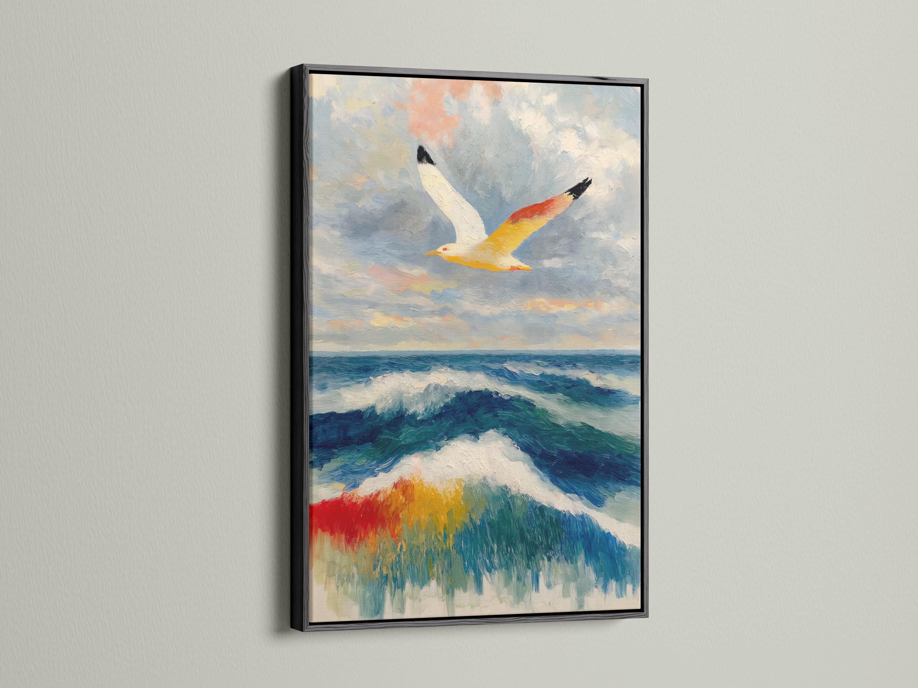 Painterly seagull flying above blue ocean waves with white foam and cloudy sky detail view