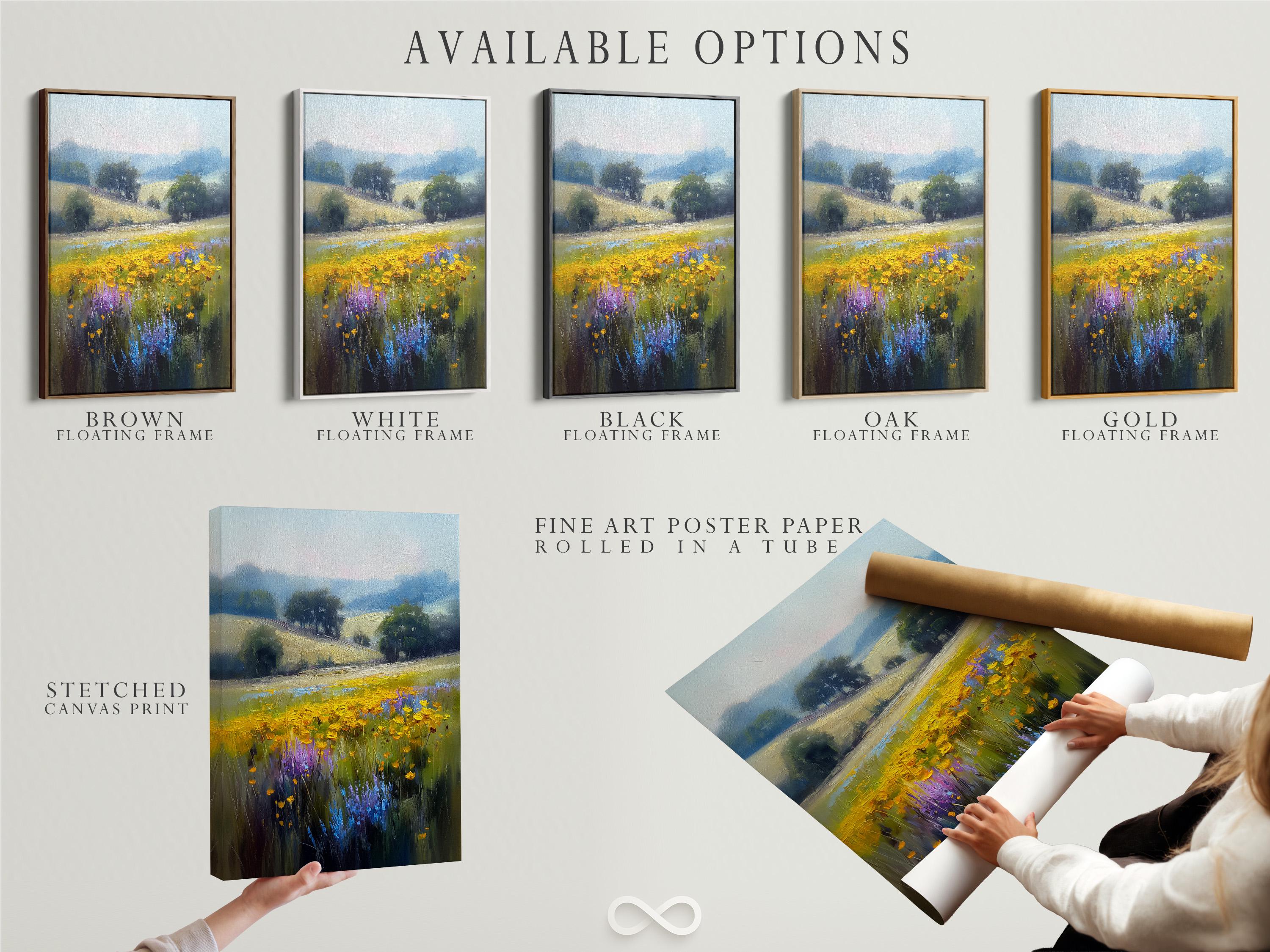 Impressionist meadow landscape with yellow flowers, green grasses and a blue cloudy sky detail view