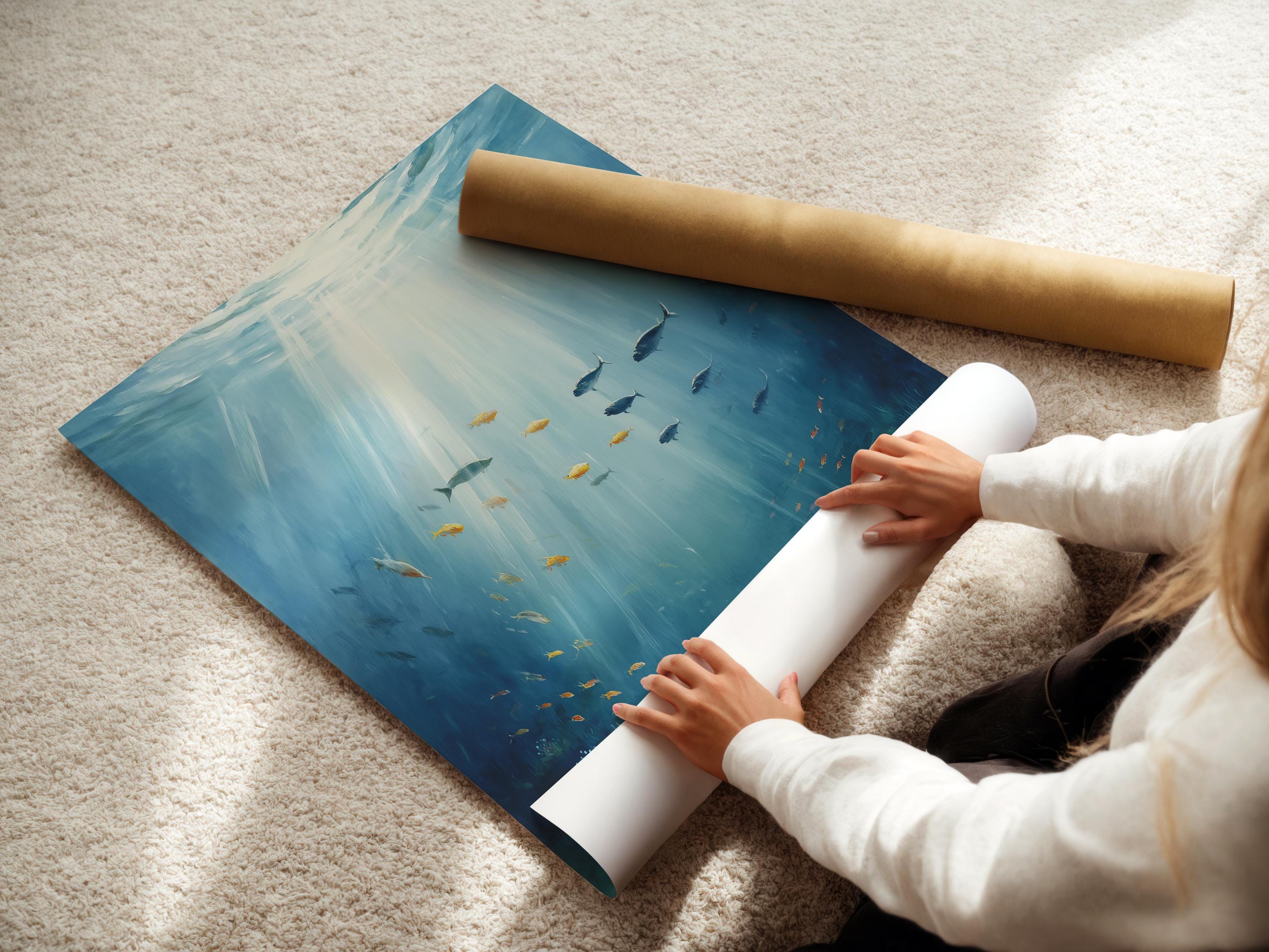 Bathroom wall mockup showing framed underwater fish artwork in aqua and blue
