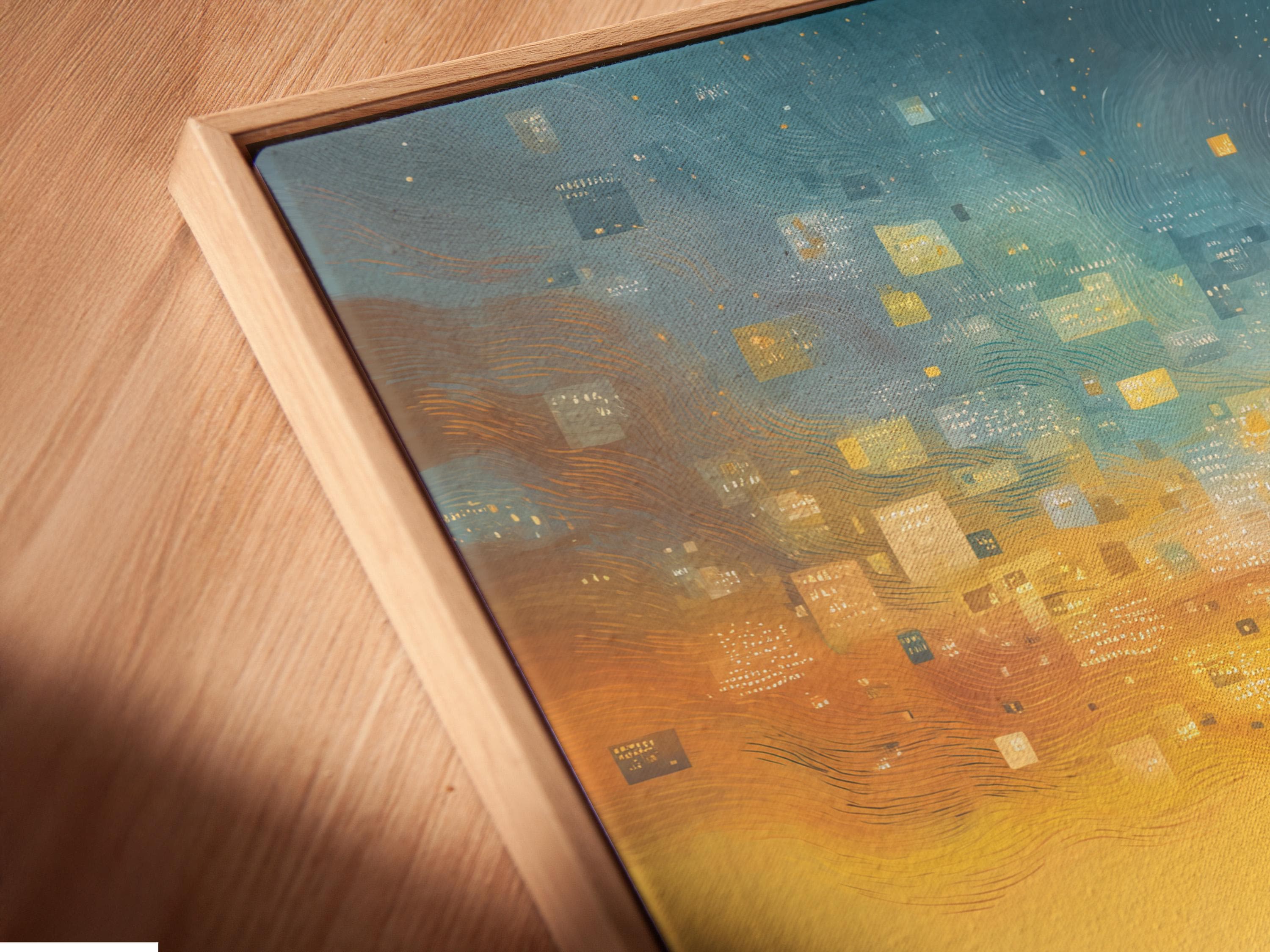 Wall mockup showing framed blue and gold surreal steps artwork
