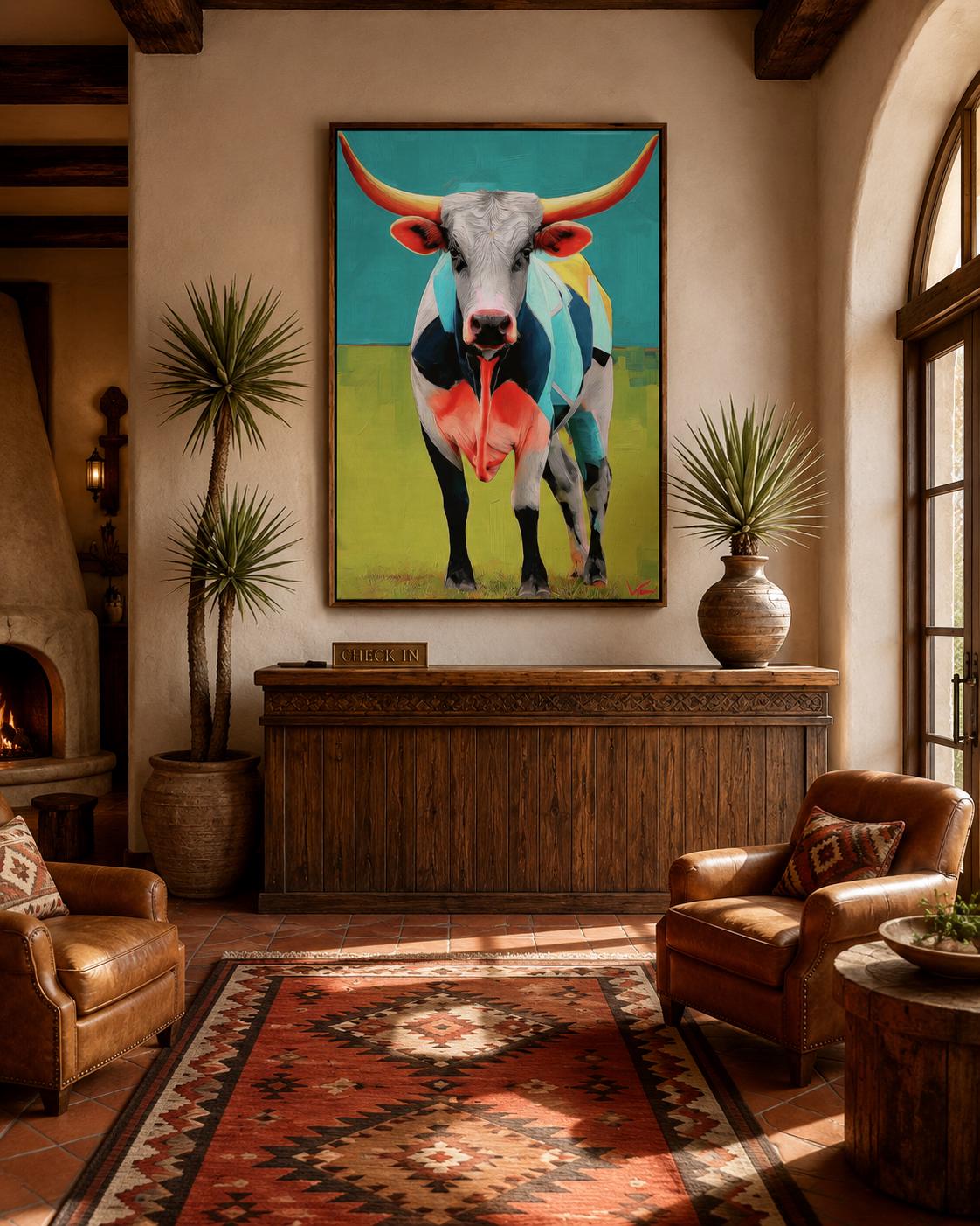 Room mockup with a framed longhorn steer artwork on a wall above a green upholstered sofa and dining table