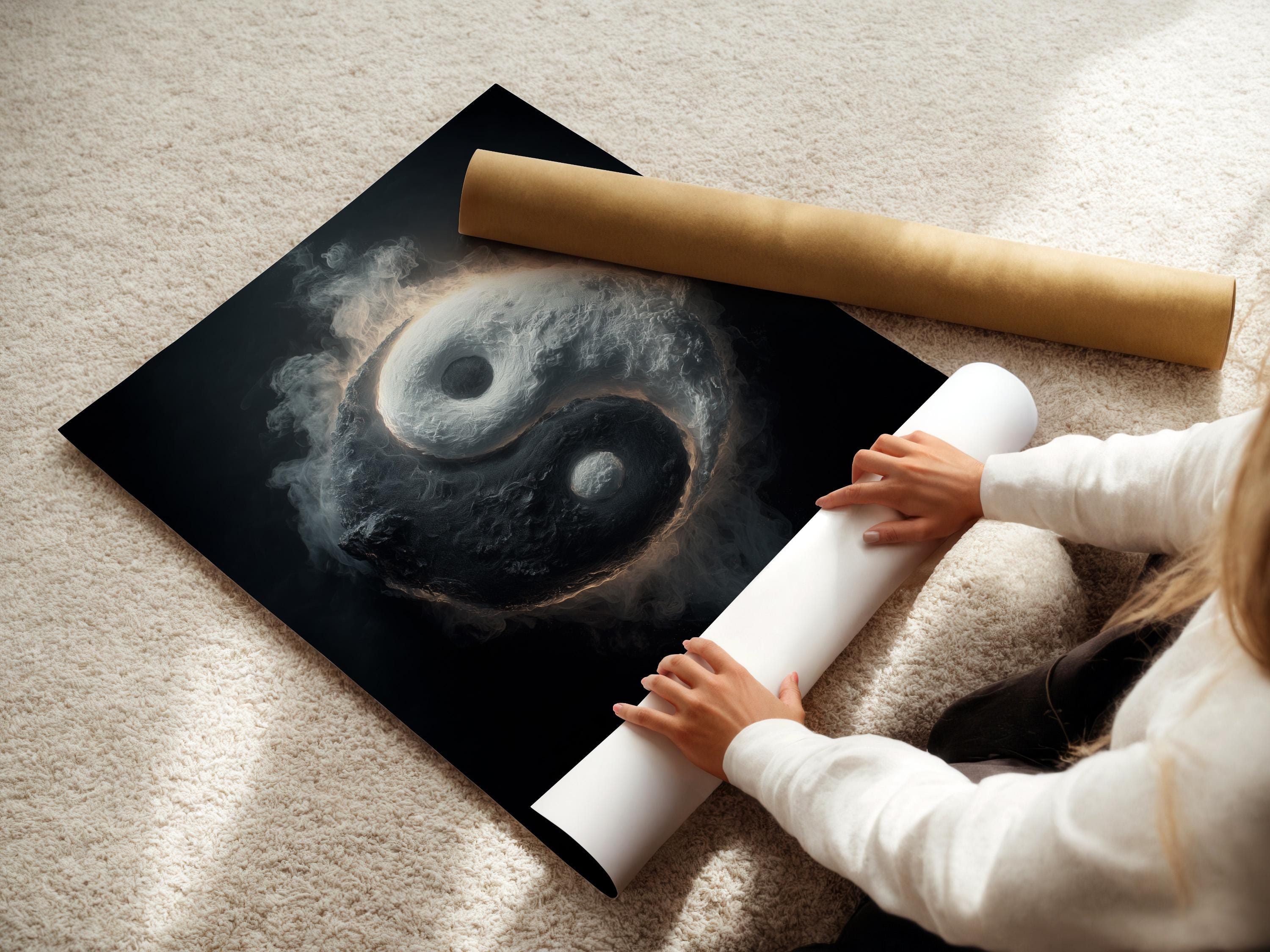Monochrome yin yang symbol with smoky swirling texture and a glowing rim on a dark background detail view