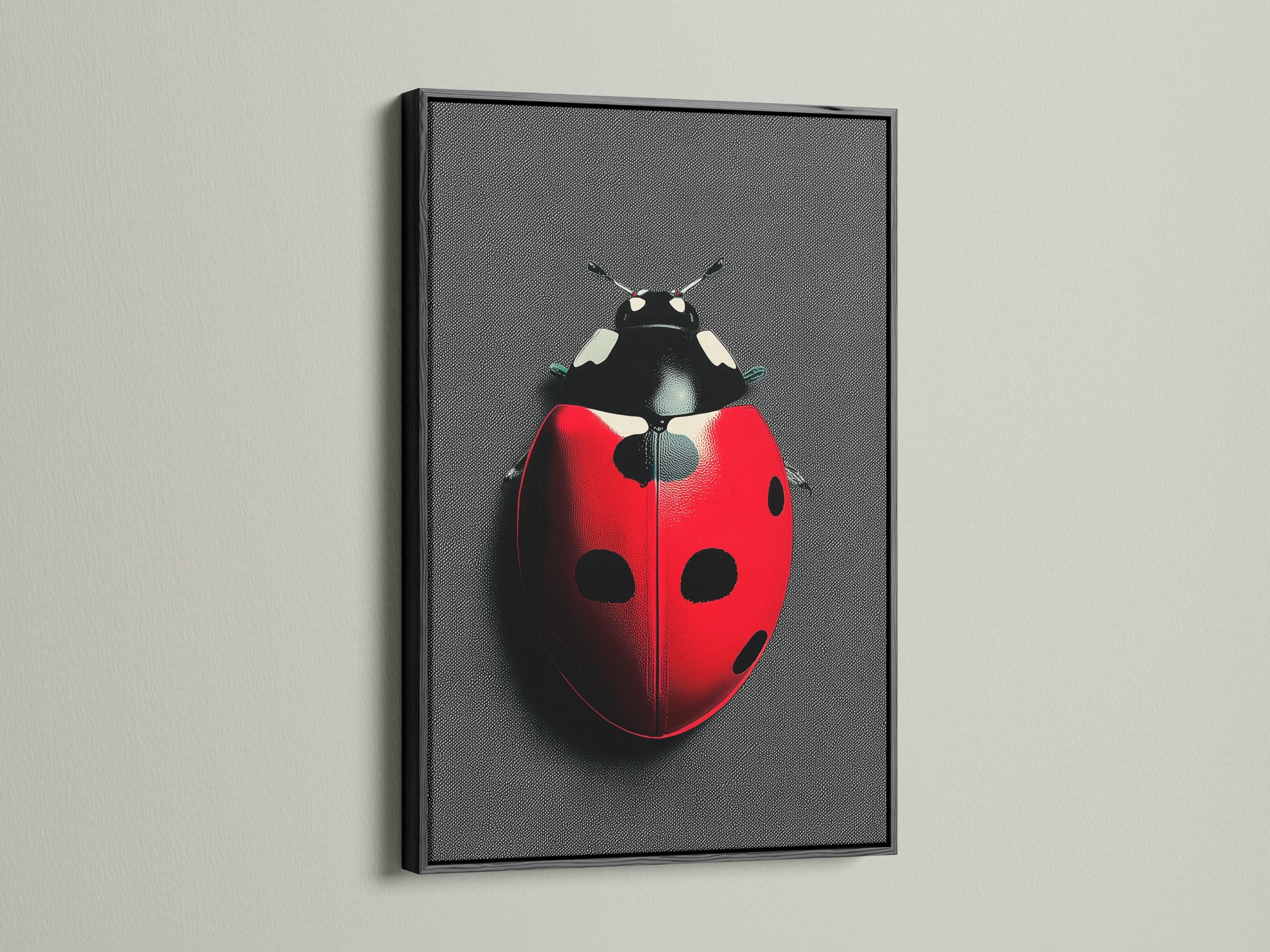 Ladybug beetle artwork displayed in a frame on a wall with hanging accessories to one side