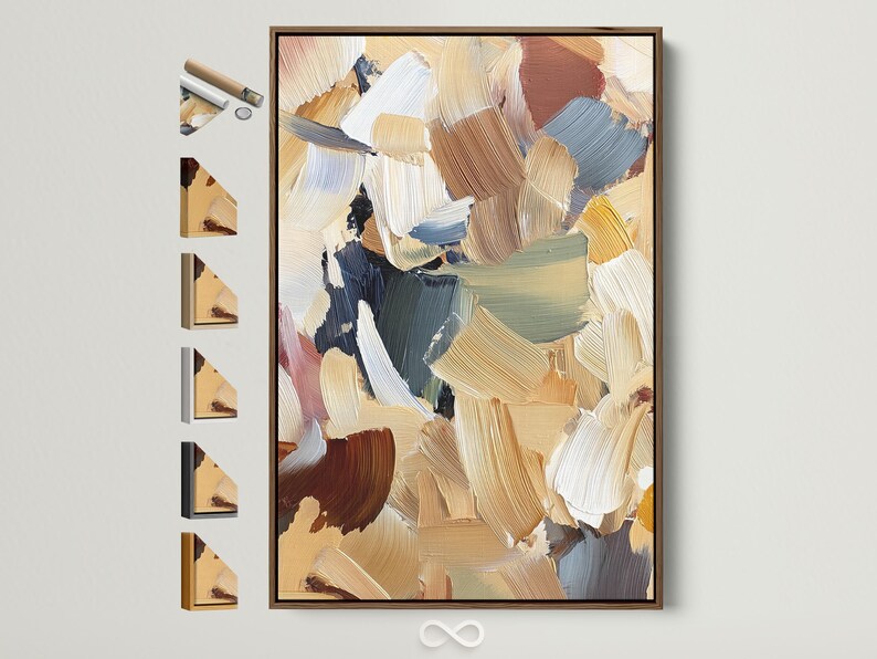 Abstract beige and blue artwork with layered textured brush-like shapes and cream highlights