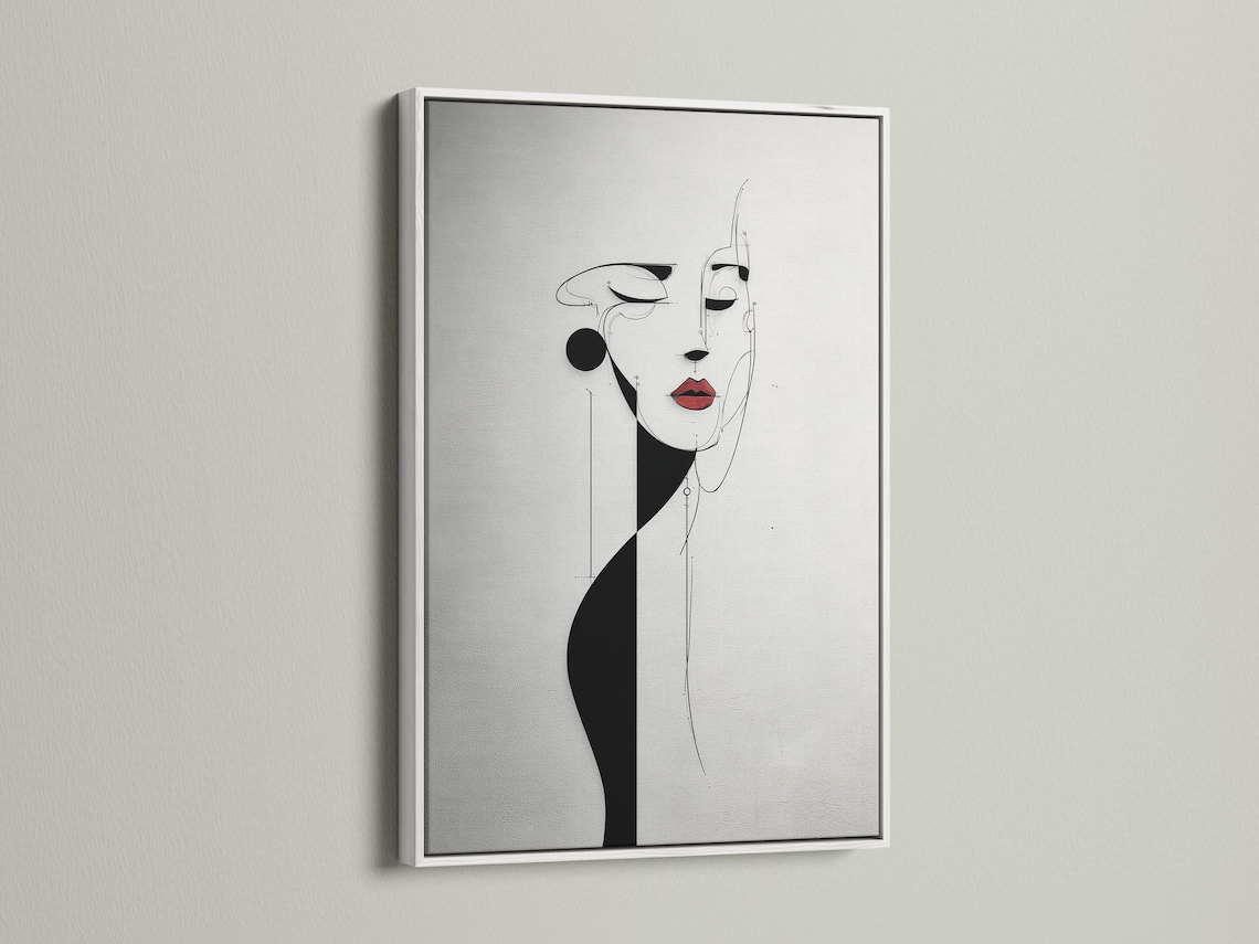 Minimalist black and white line-art woman face with red lips accent detail view