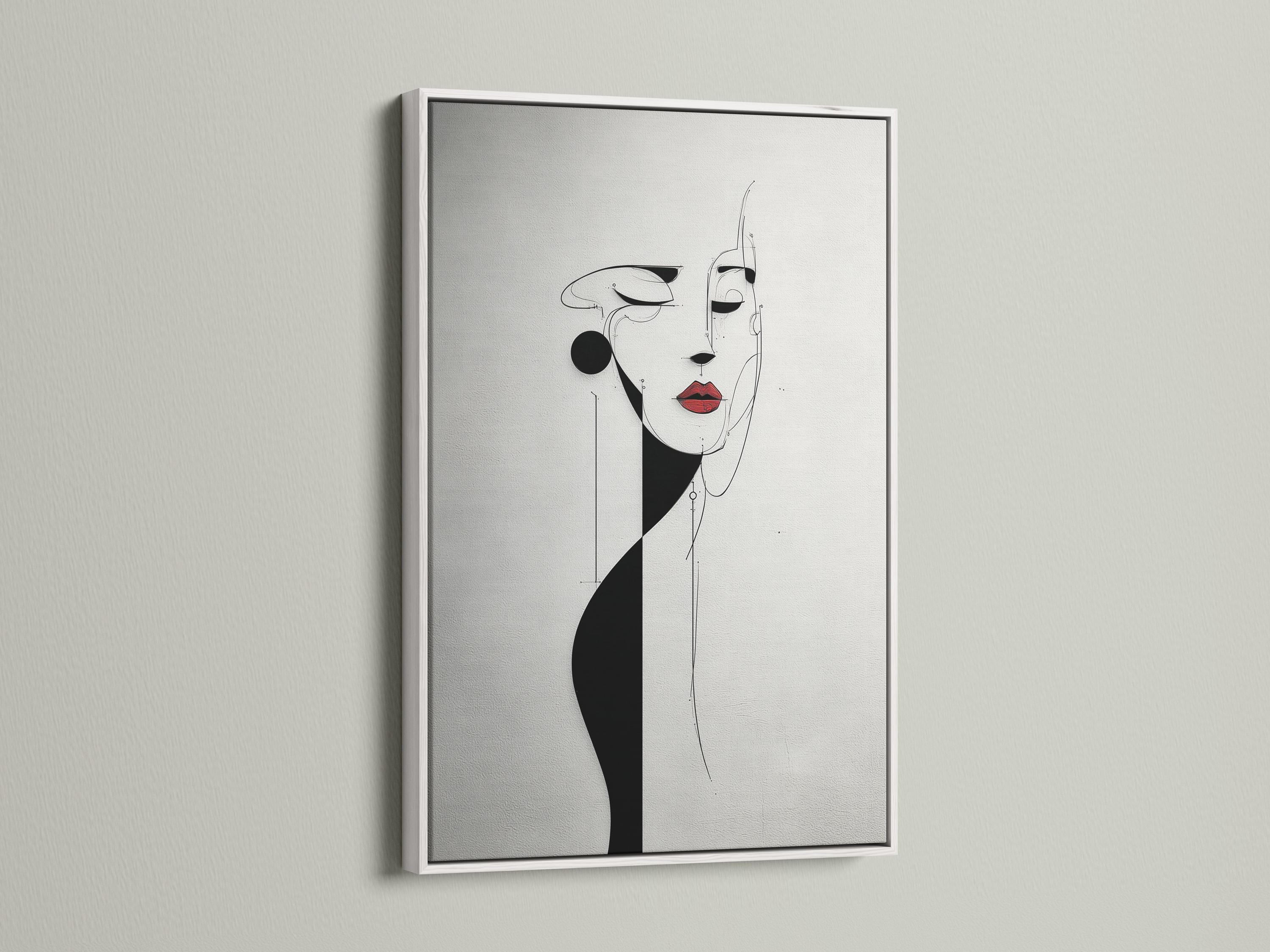 Minimalist black and white line-art woman face with red lips accent detail view