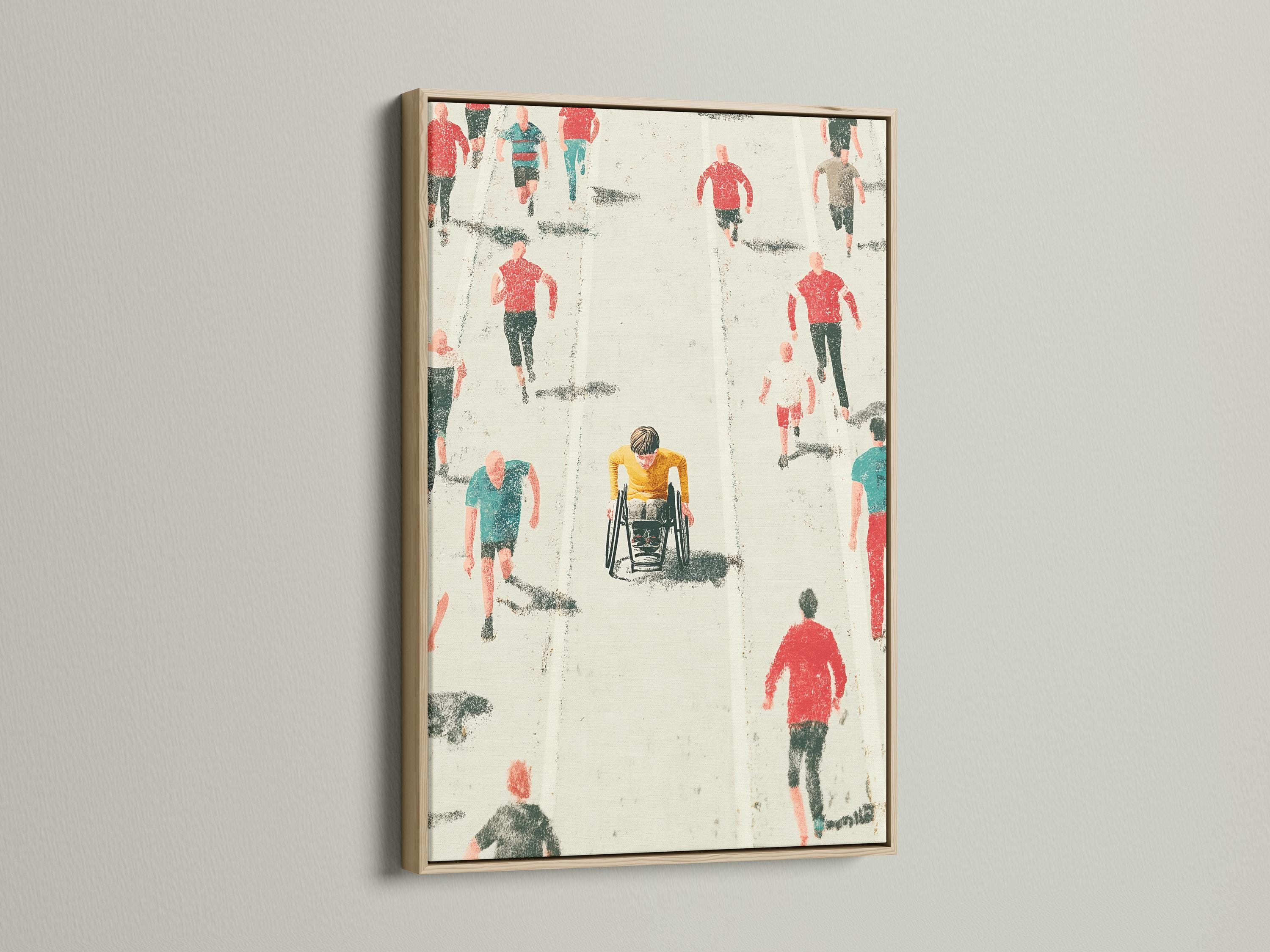 Wheelchair racer and runners in red and teal on a speckled off-white background detail view