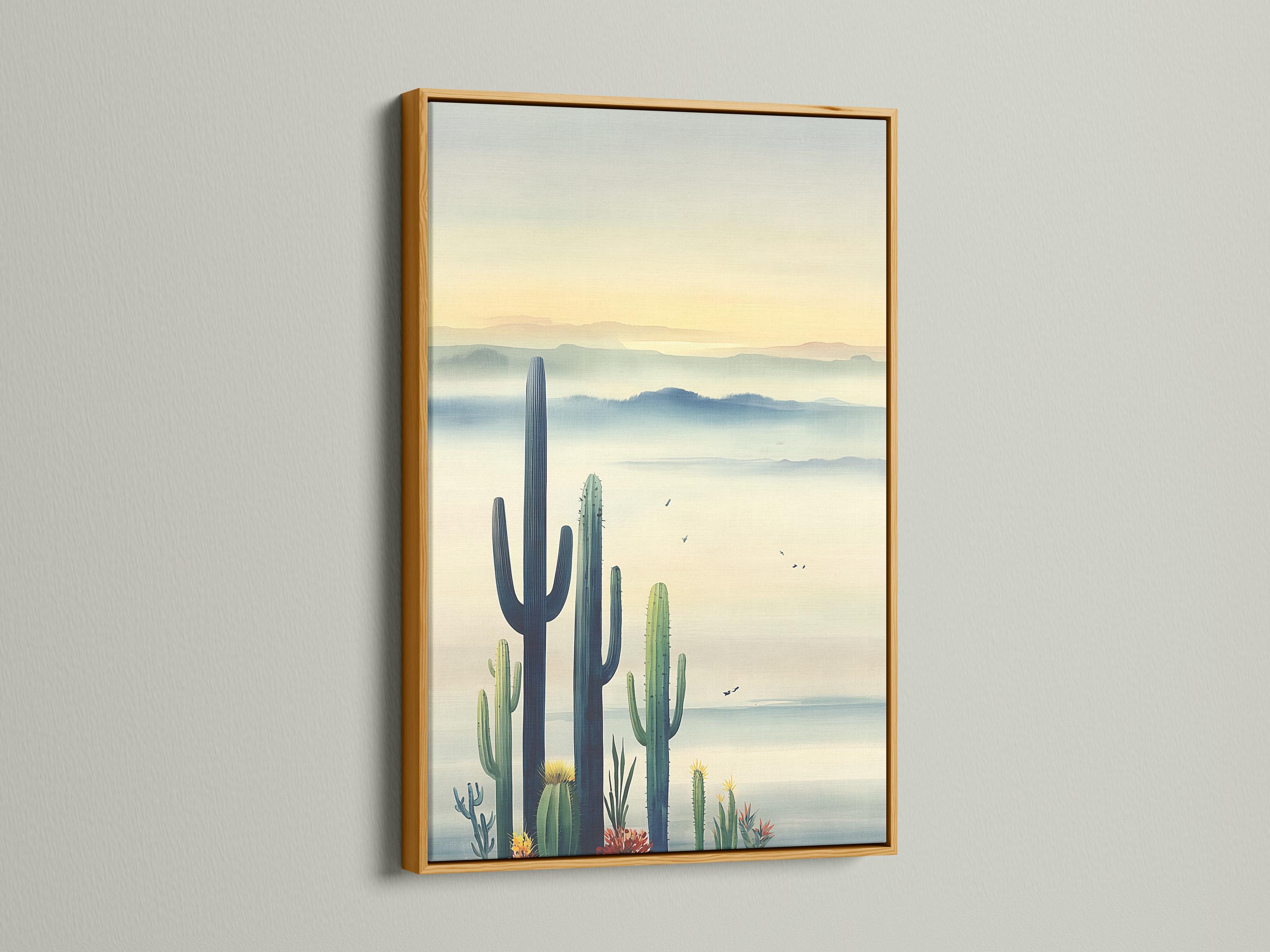 Illustrated desert landscape with tall cactus silhouettes, hazy blue distance layers and small birds detail view