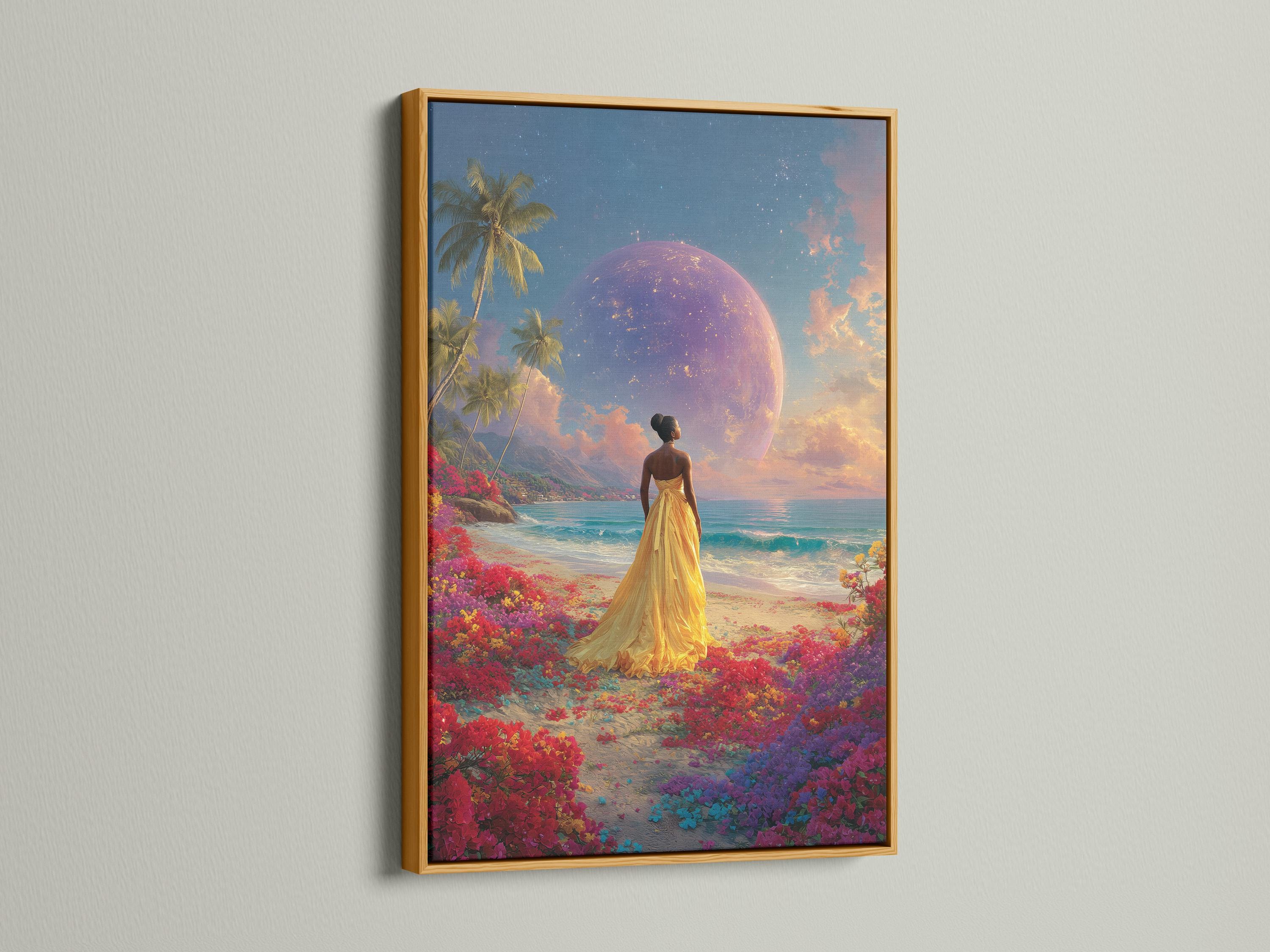 Room scene with a woman in a gold dress tropical beach artwork leaning against a wall