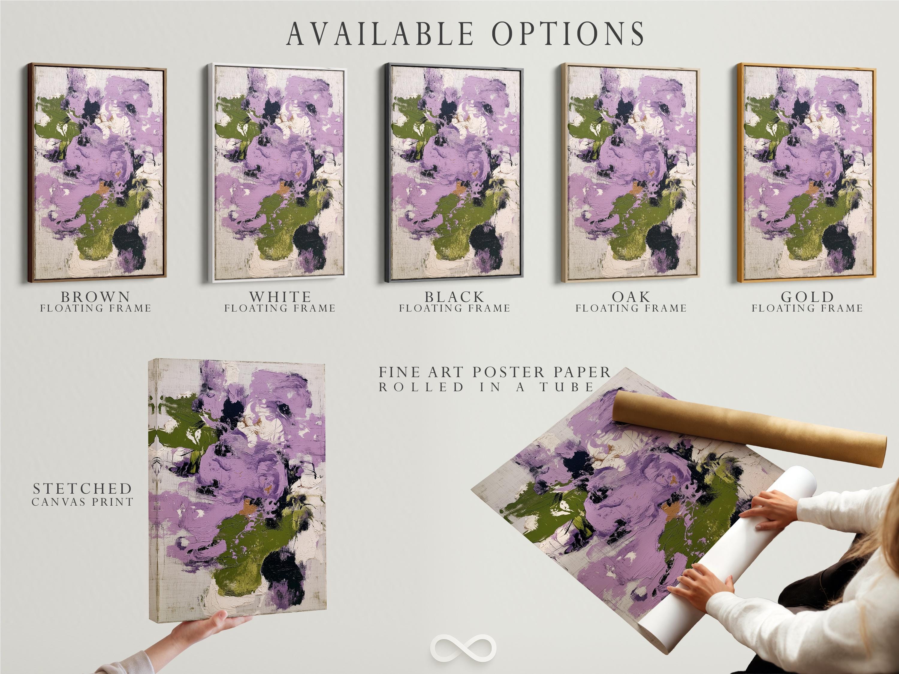 Abstract floral artwork with lilac and purple shapes, muted green accents and textured brush marks detail view