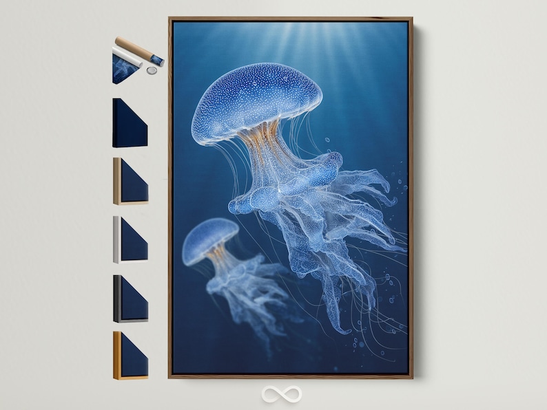 Blue jellyfish artwork with speckled bell and flowing tentacles on a deep ocean-blue background