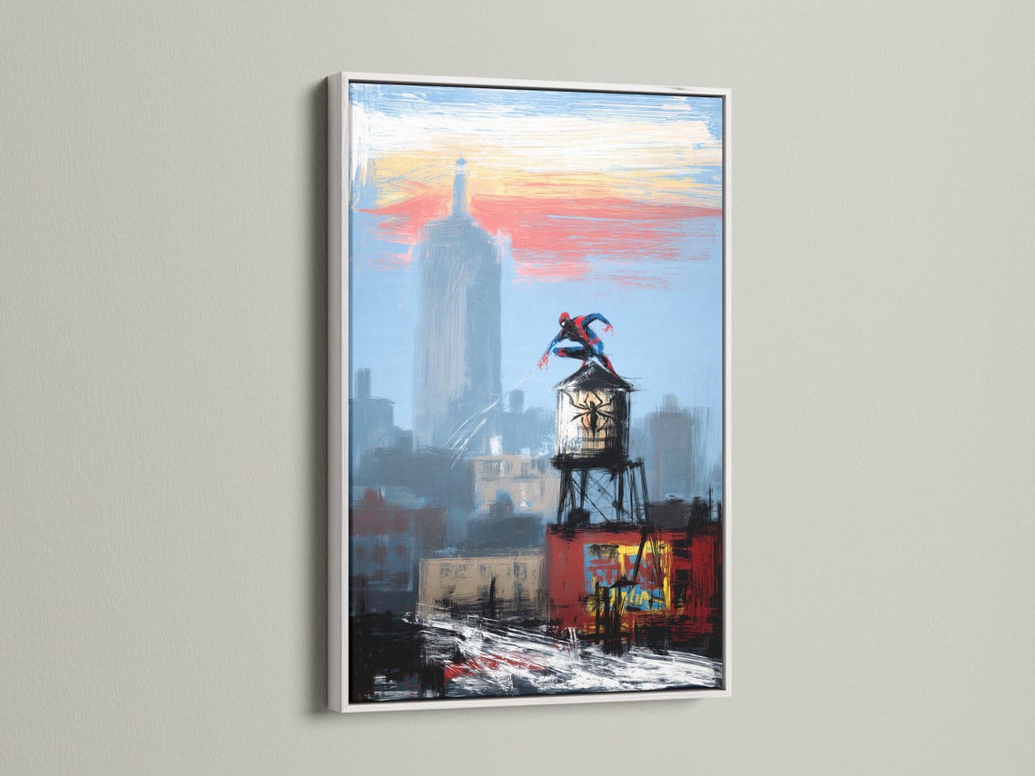 Framed blue city skyline artwork on a wall with a superhero figure and tall tower