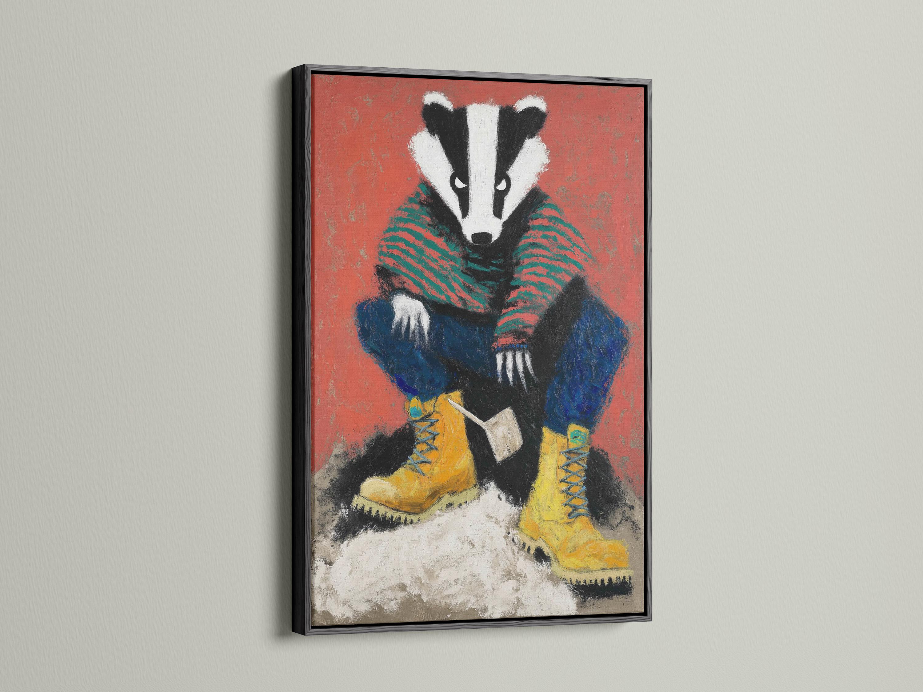 A stylised badger portrait fills the centre, with bold coral-red stripes and blue-and-yellow clothing-like shapes beneath a folk-art colour palette