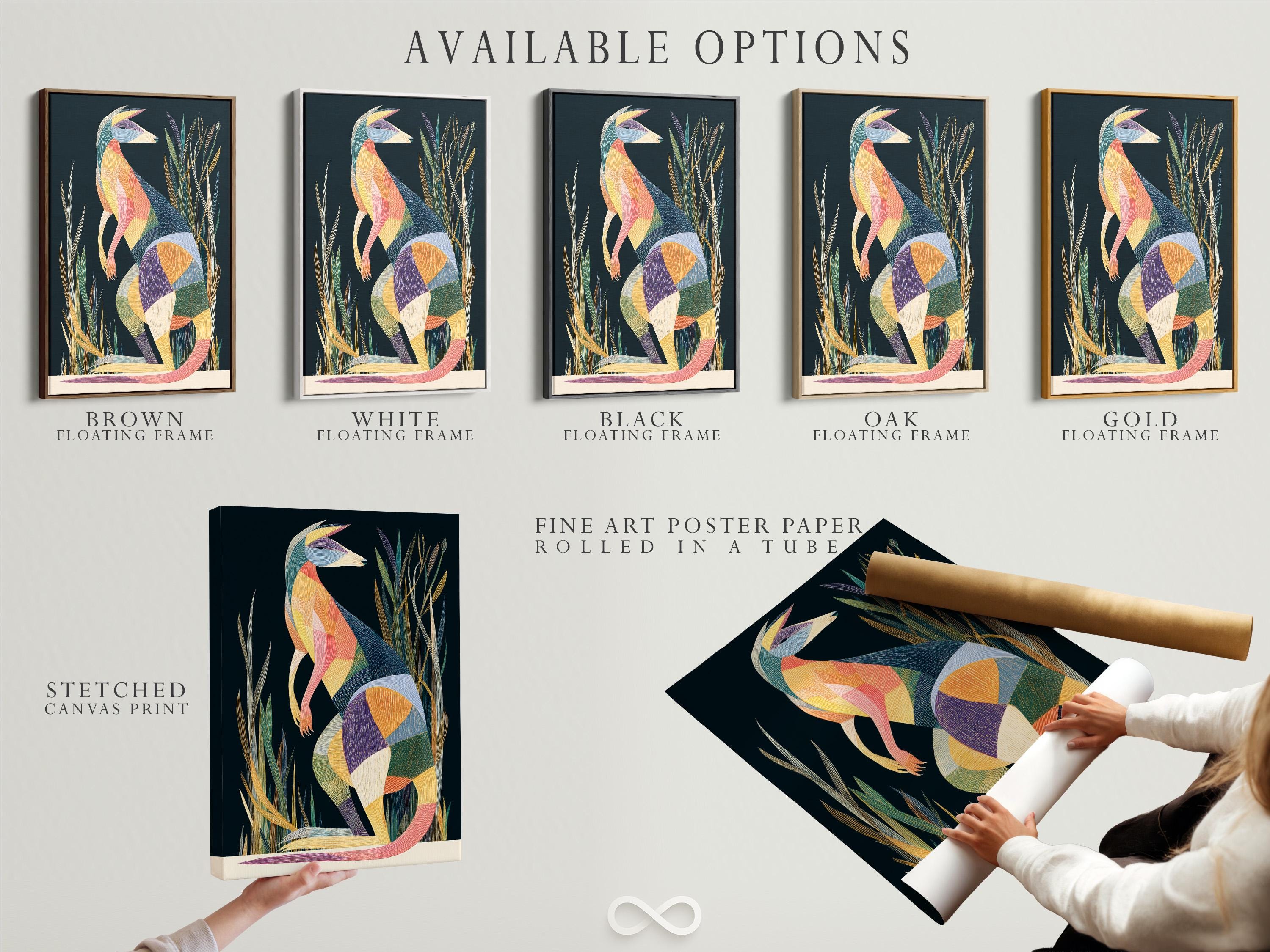 Wall mockup showing geometric kangaroo artwork in a framed design on a light wall