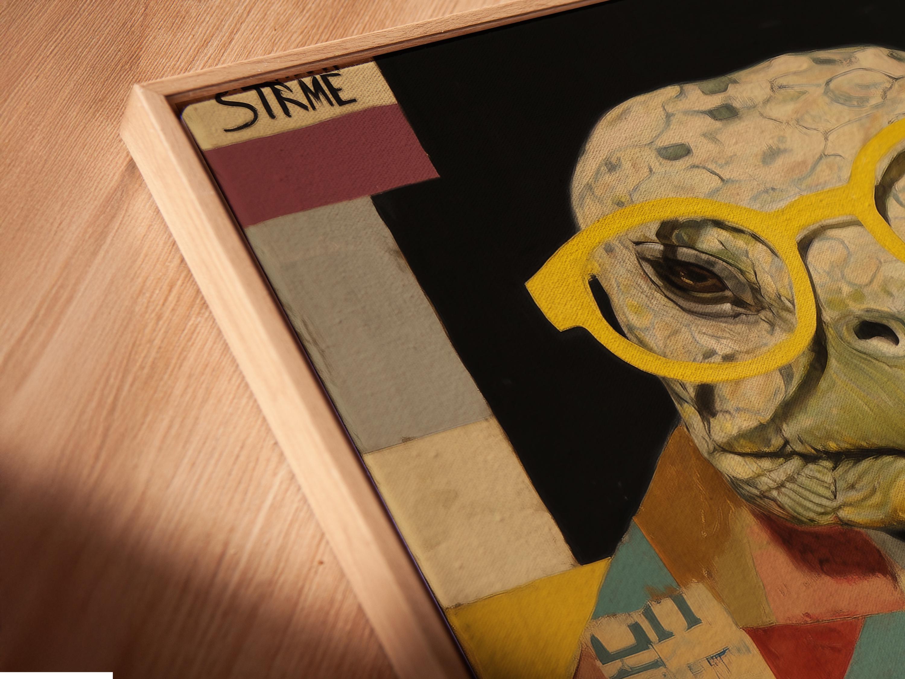 Collage-style turtle wearing yellow round glasses at an open book with patchwork background detail view