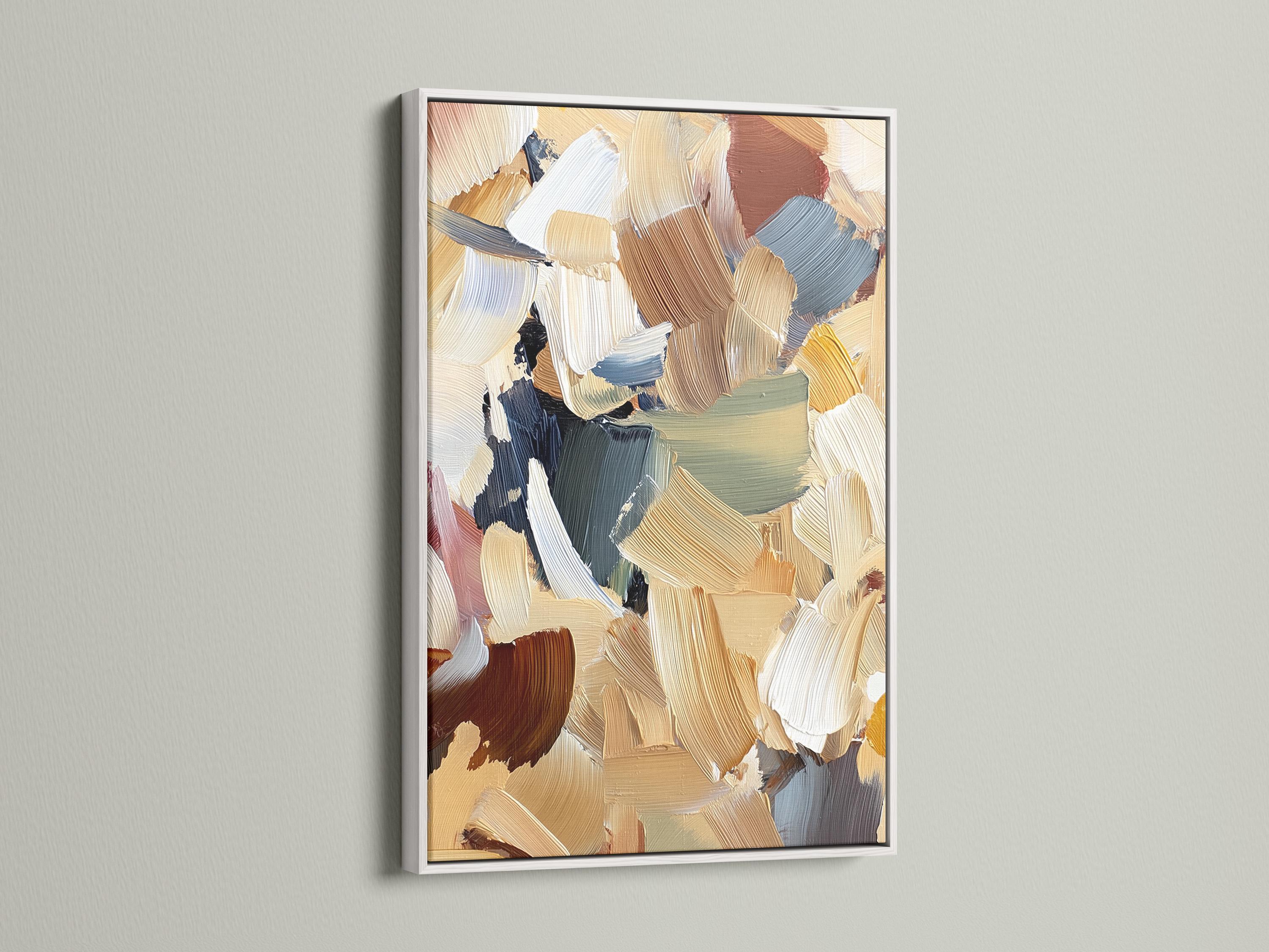 Room mockup showing an abstract beige and blue artwork in a frame with side angle thumbnails