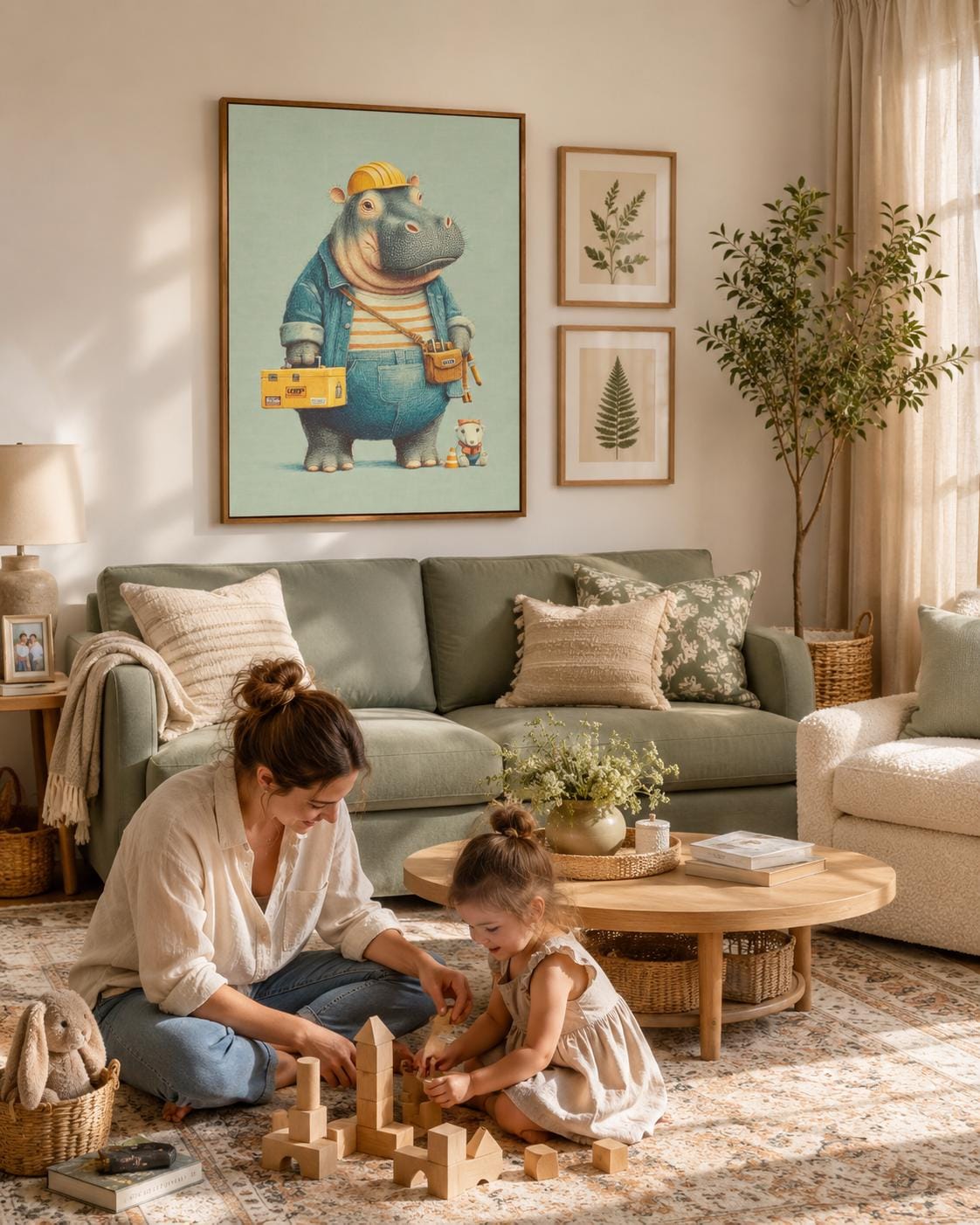 A family sitting on a bed looking at a framed hippo builder artwork above a shelf