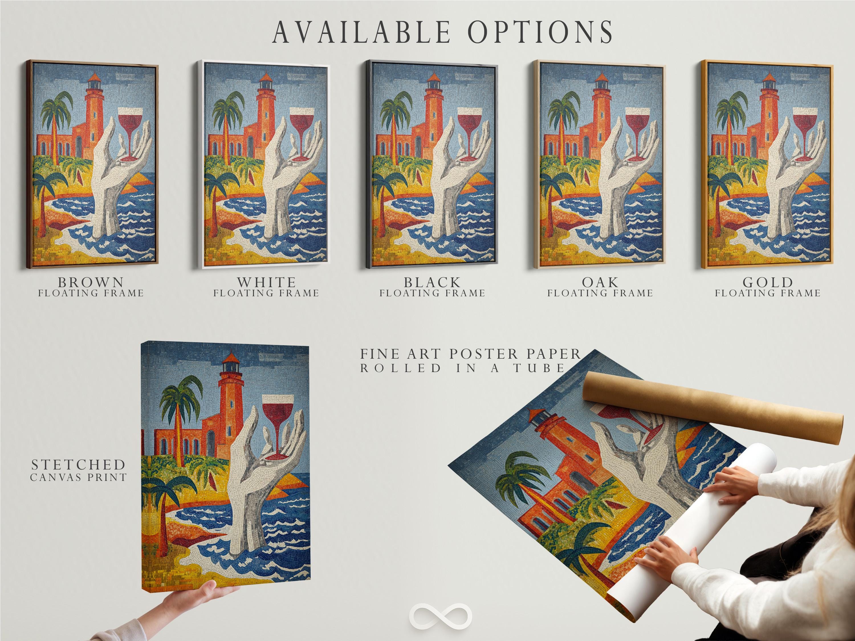 Mosaic lighthouse artwork with palm trees, a lifebuoy and blue wavy sea patterns detail view