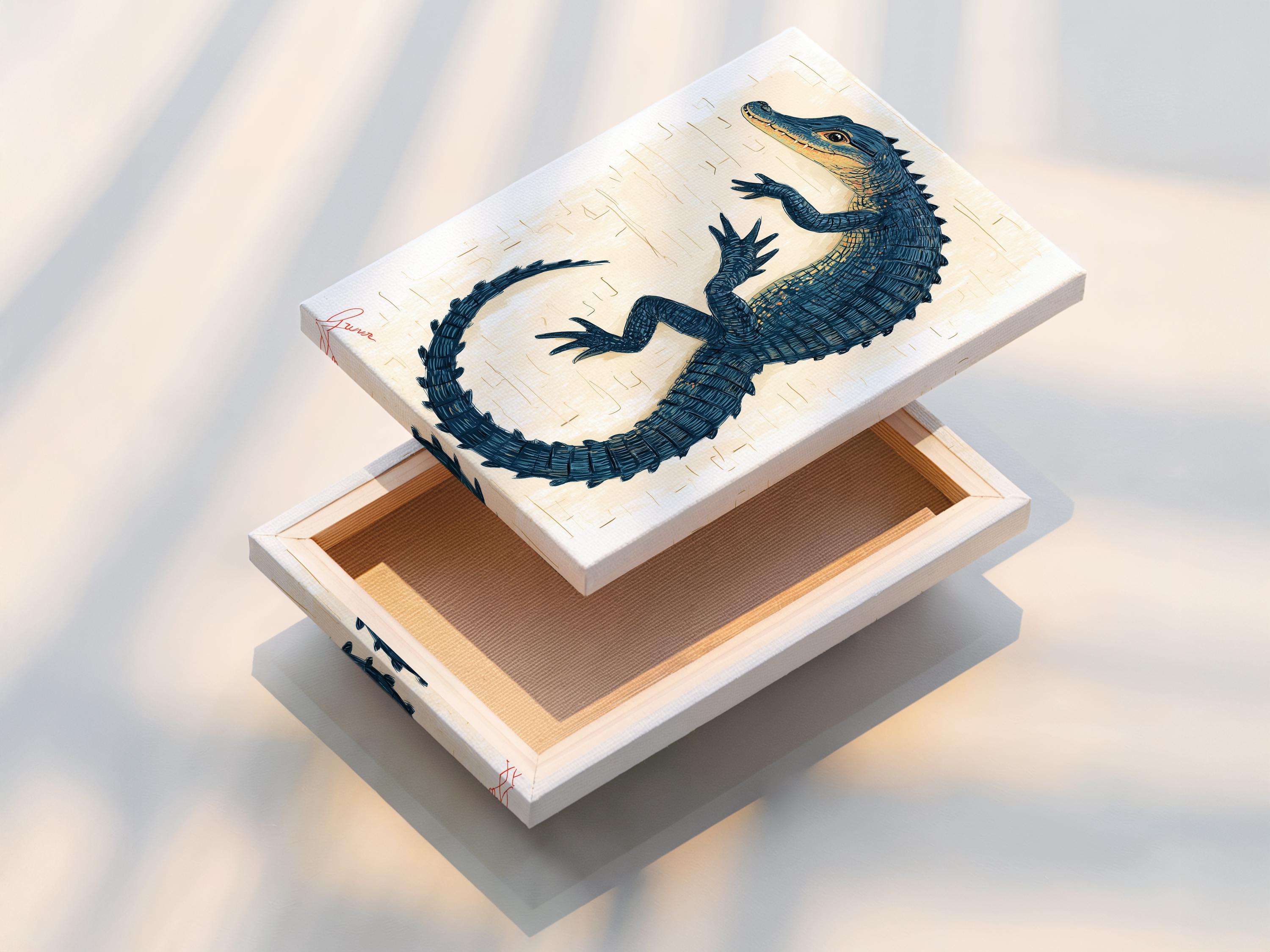 Blue alligator illustration forming a circular loop with scale-like linework on a cream background detail view