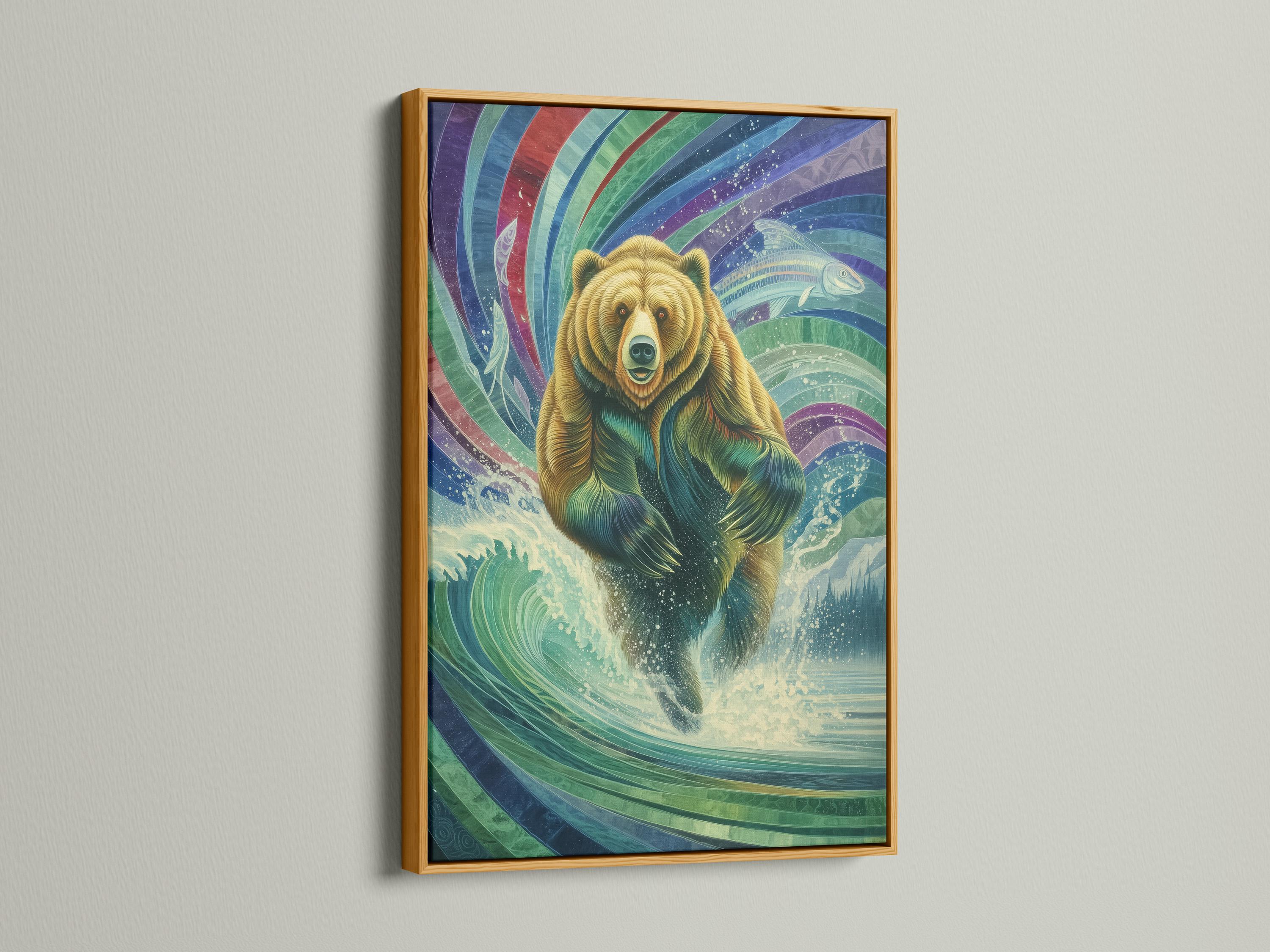 Framed artwork mockup showing a grizzly bear within colourful wave patterns and a fish
